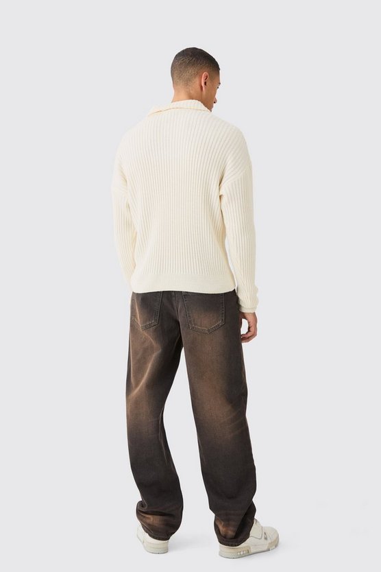 Gerippter Strick-Pullover mit 1/4 Reißverschluss und Trichterkragen