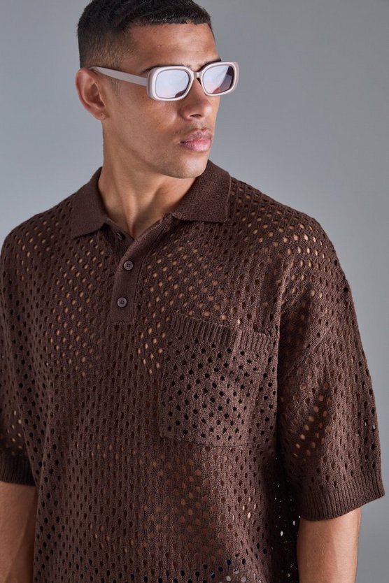Kastiges gehäkeltes V-Ausschnitt Poloshirt in Braun