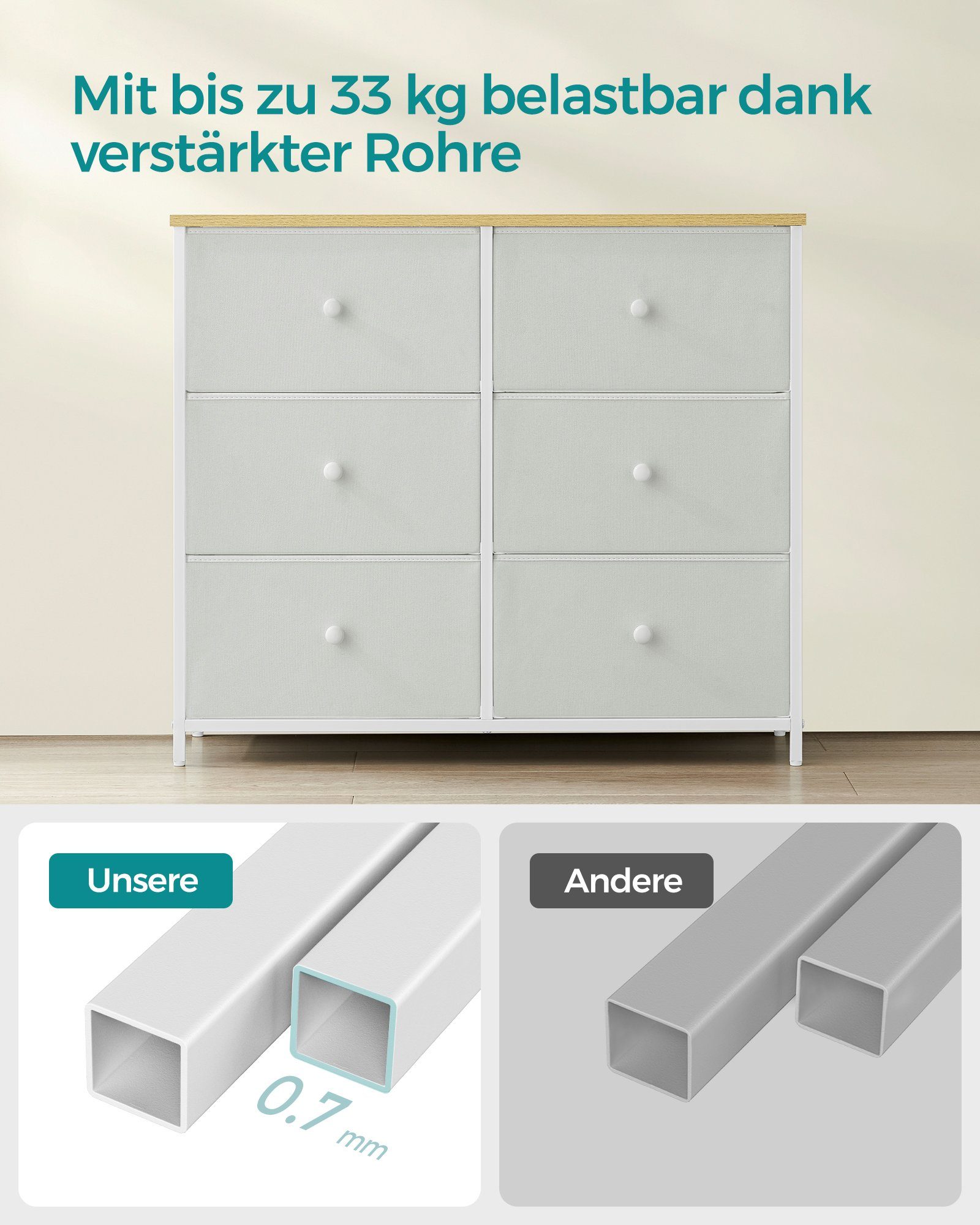 SONGMICS Kommode, Aufbewahrungsschrank mit 6 Stoffschubladen