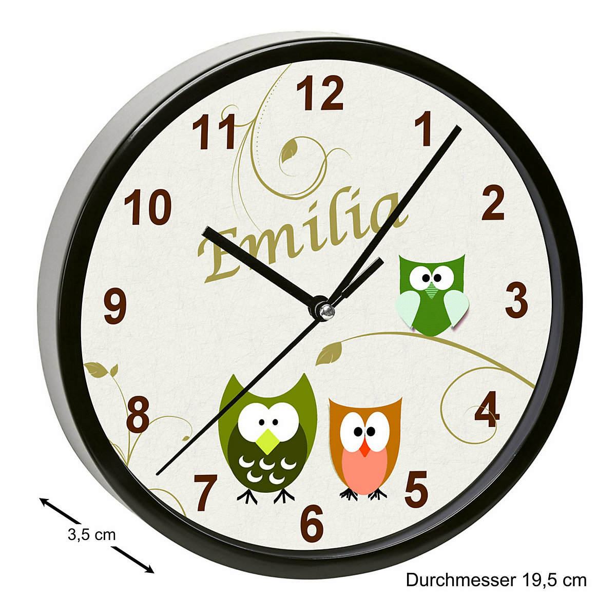 Kinder Wanduhr laufruhig personalisiert mit Name Eule beige grün orange