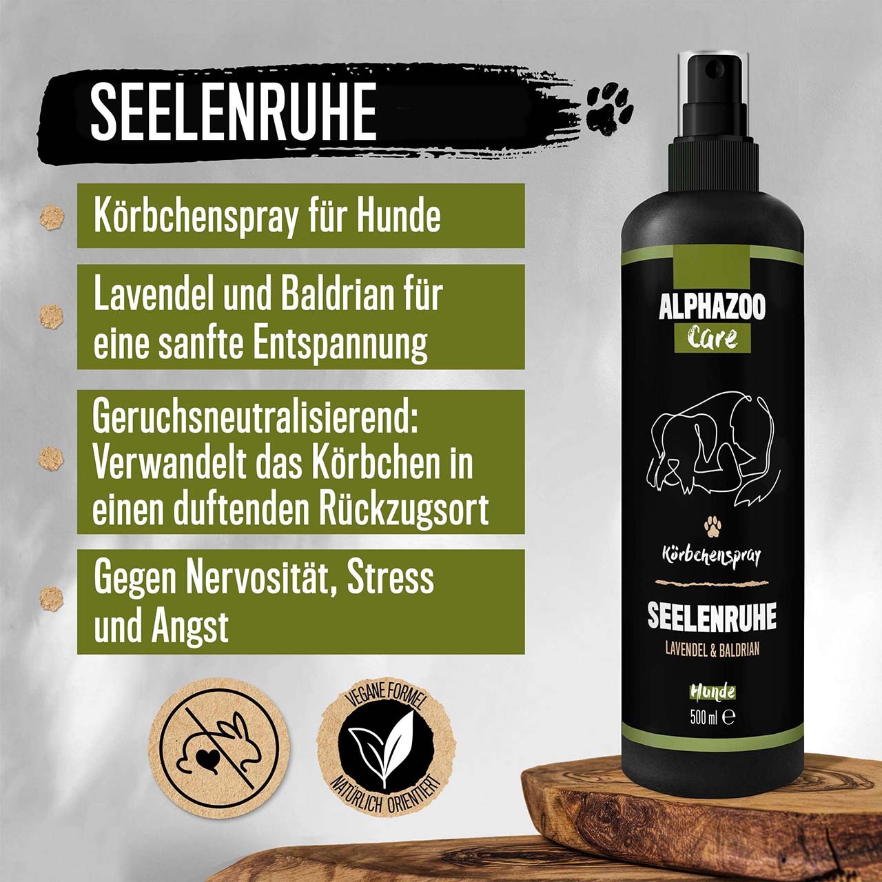 ALPHAZOO Beruhigungsmittel ALPHAZOO Seelenruhe Beruhigungsspray für Hunde I Beruhigungsmittel mit Baldrian 100 ml