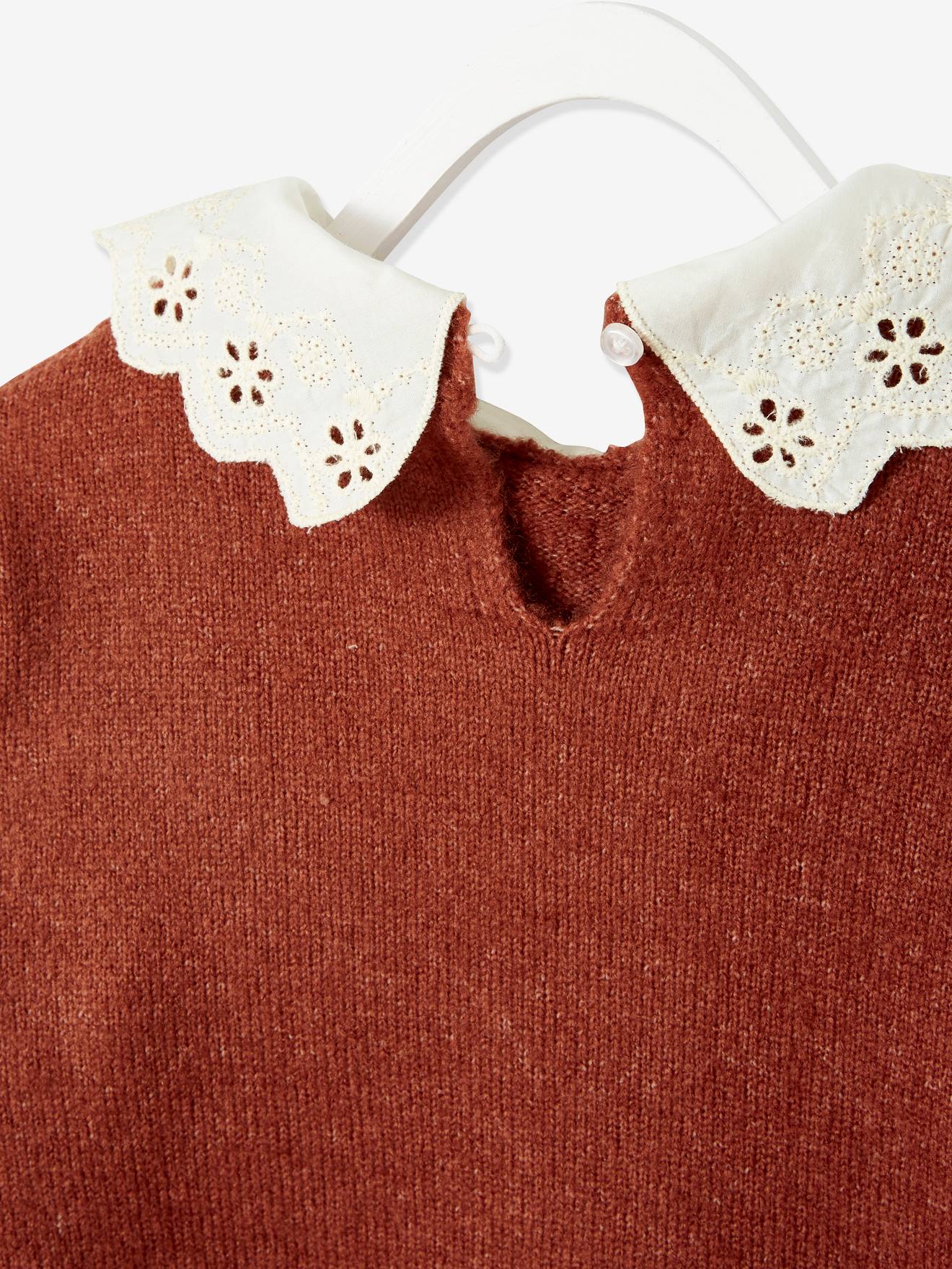 Vertbaudet Mädchen Pullover, Kragen mit Lochstickereien - ziegel