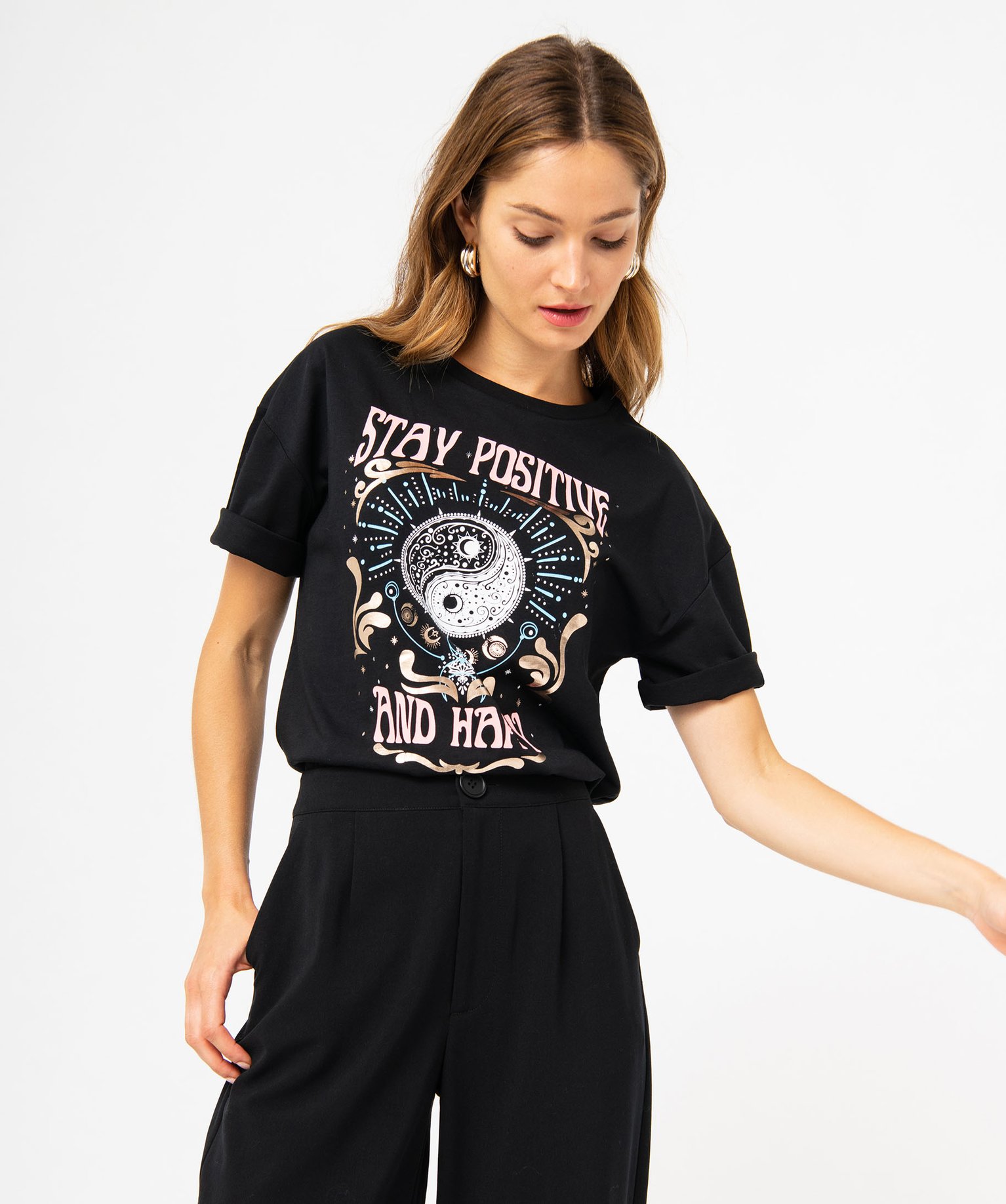 Tee-shirt à manches courtes avec motif Yin et Yang femme noir | GEMO