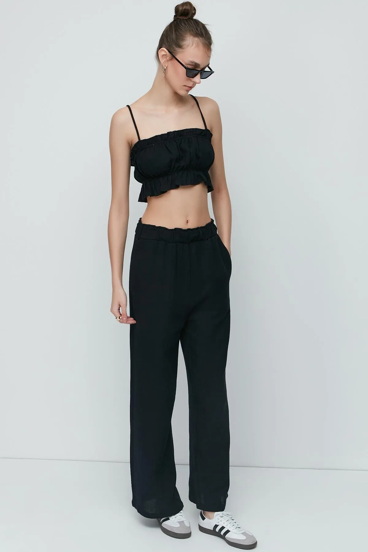C&City  Crop-Bustier-Hosen-Set aus Bio-Baumwoll-Musselin 9124 Schwarz