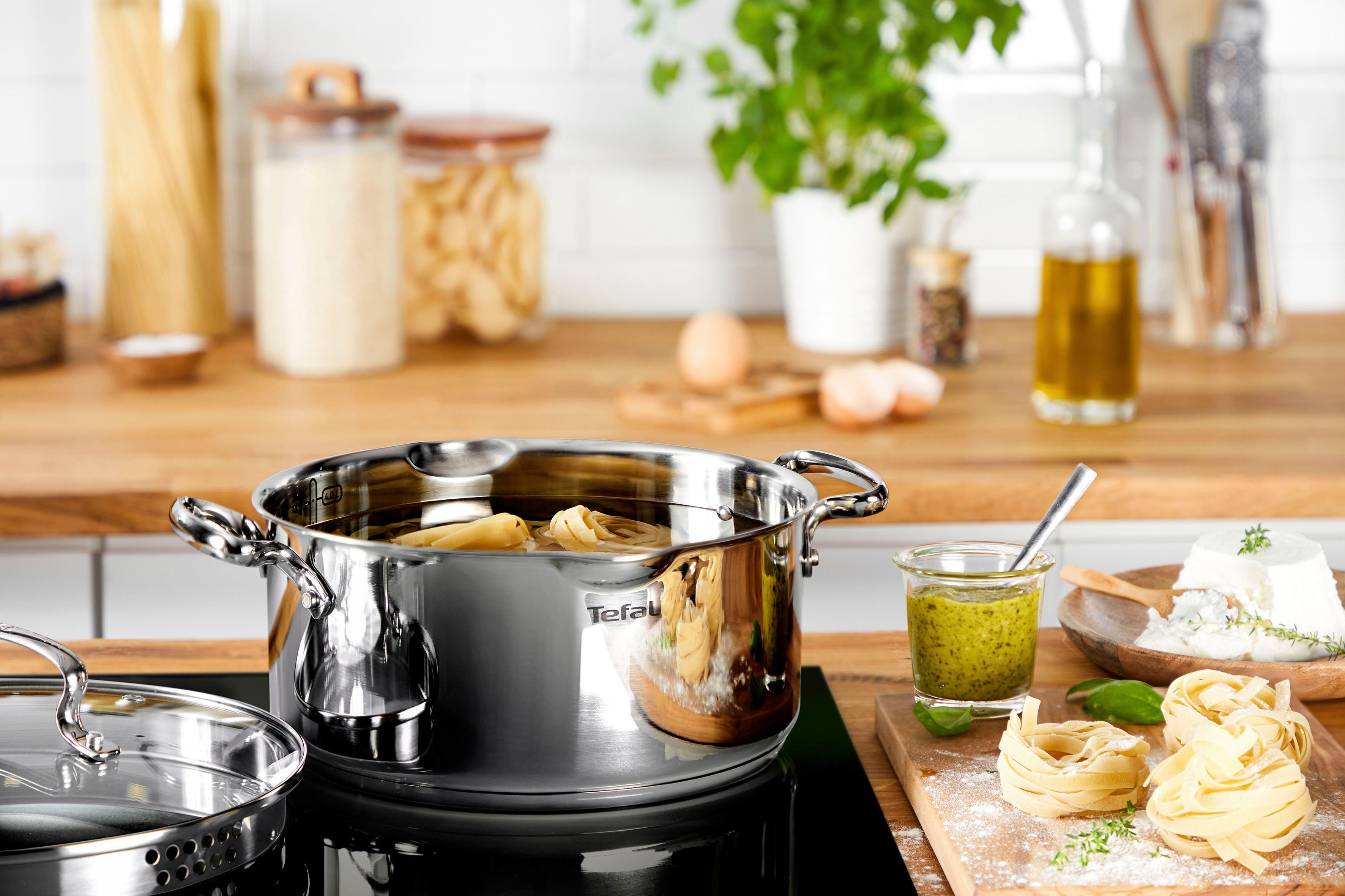 Tefal Topf-Set Duetto+ G719S7, Edelstahl 18/10 (Set, 7-tlg., 7-teiliges Topfset mit Stielkasserolle 16 cm, Kochtopf 16/20/24 cm), hochwertiger Edelstahl, hochglanzpoliert, Glasdeckel mit Siebfunktion
