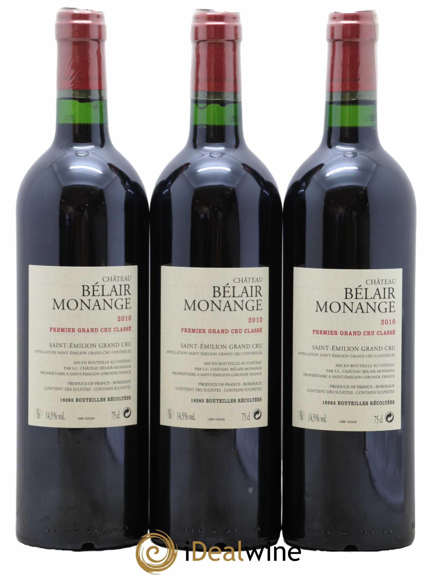 Château Belair (Belair-Monange) 1er Grand Cru Classé B  2010 - Lot de 3 Bouteilles