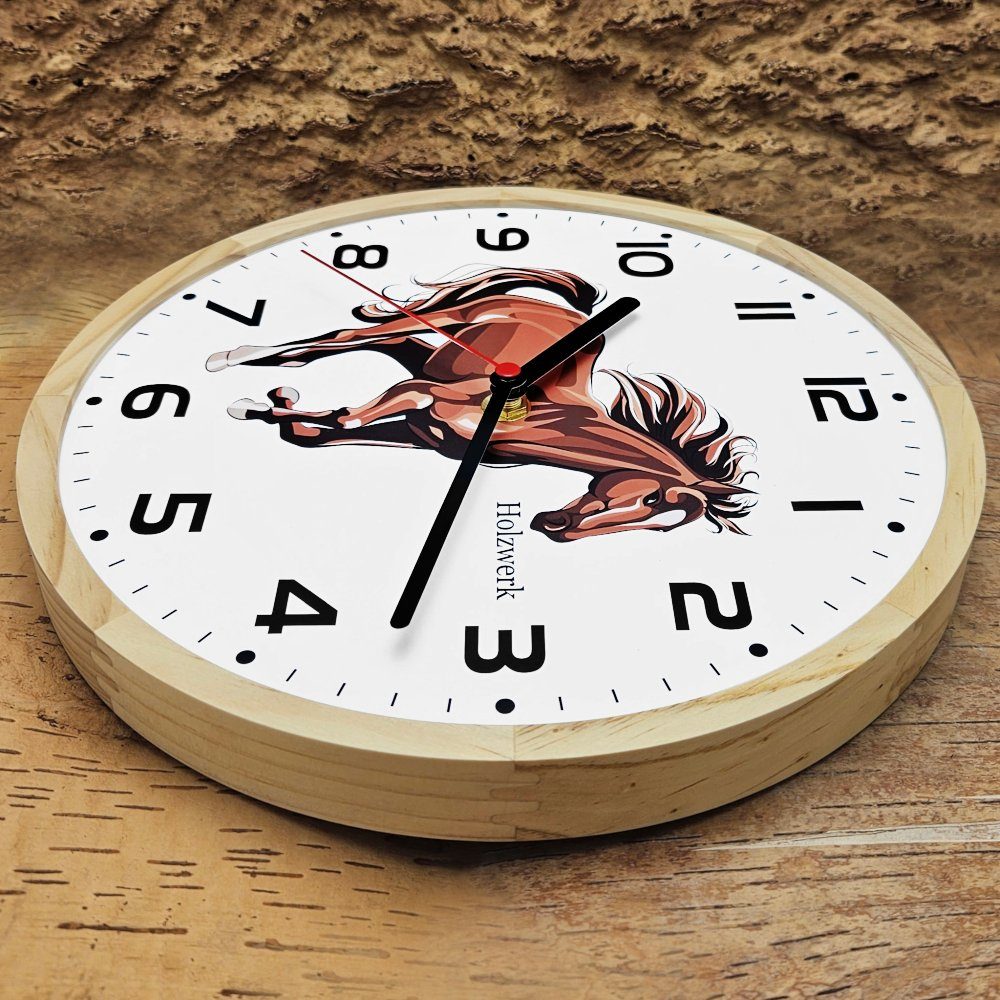 Holzwerk Wanduhr Holzwerk BELLA Kinder Holz Wand Uhr mit Pferde Motiv, weiß, braun