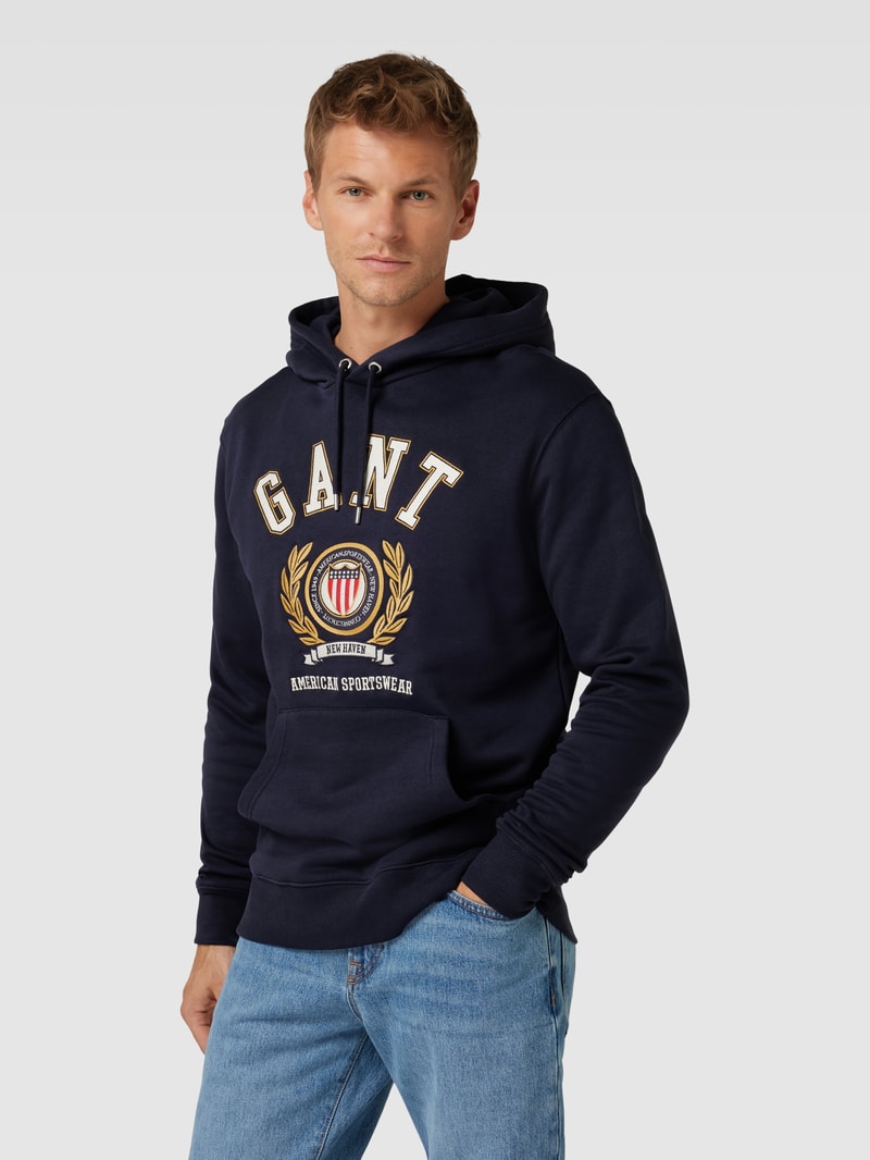 Hoodie mit Label-Stitching Modell 'CREST' in dunkelblau meliert