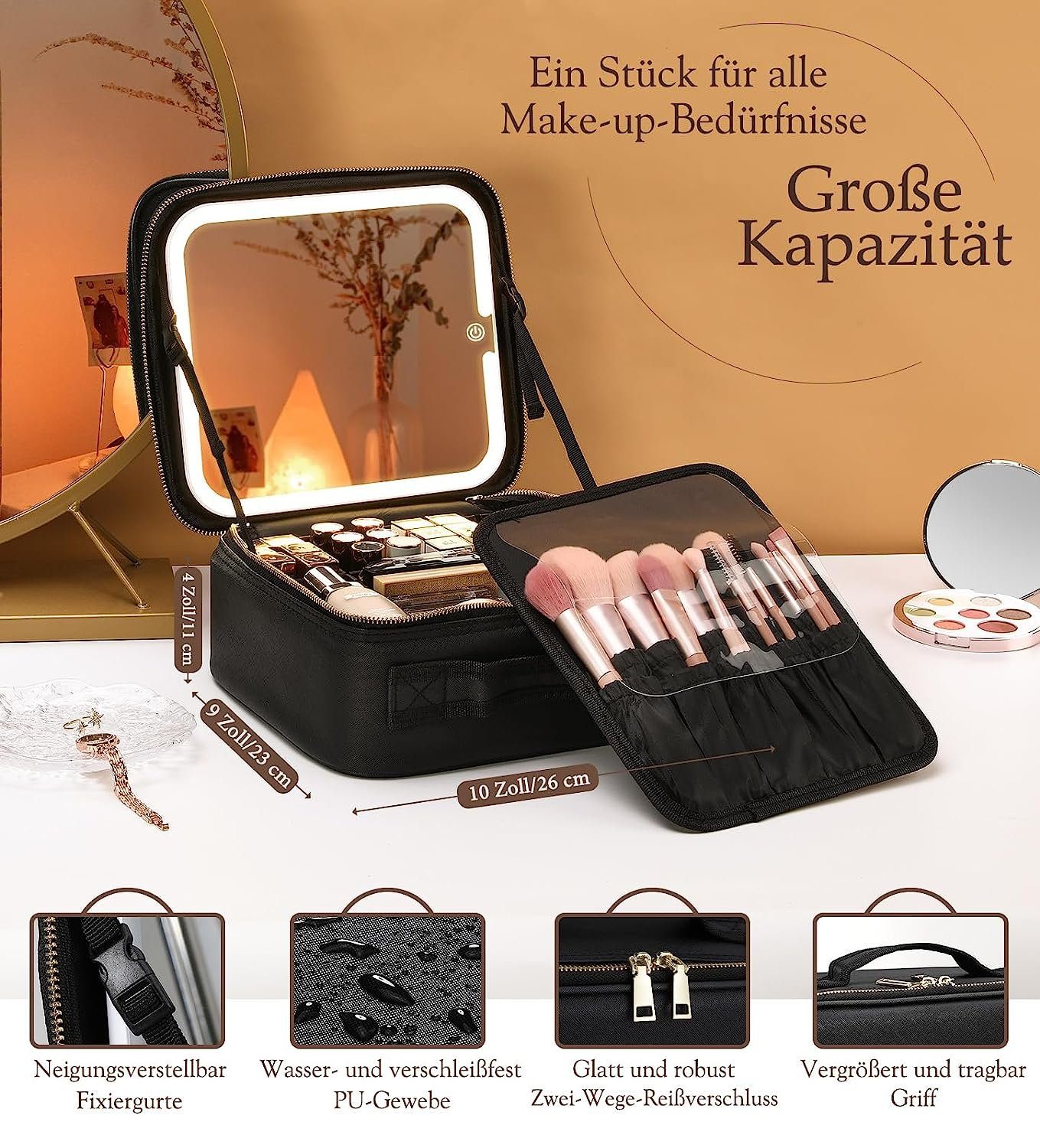 Mutoy Kosmetiktasche Kosmetiktasche mit Spiegel,Reise Make up Tasche mit Schminkspiegel (3 Farbe LED Licht Schminkspiegel,Kosmetikkoffer Groß Kosmetiktasche Reise für Handtasche Kosmetika Organizer)