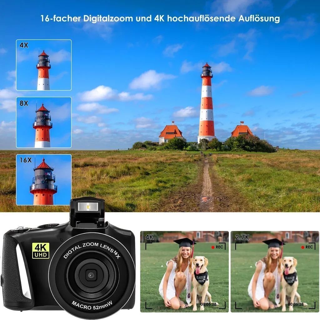 Fine Life Pro R3S Digitalkamera 4K 48MP Superzoom-Kamera (48 MP, 16x opt. Zoom, WLAN (Wi-Fi), inkl. Digitalkamera, 48 MP, 16X Digitalzoom Kompaktkamera)
