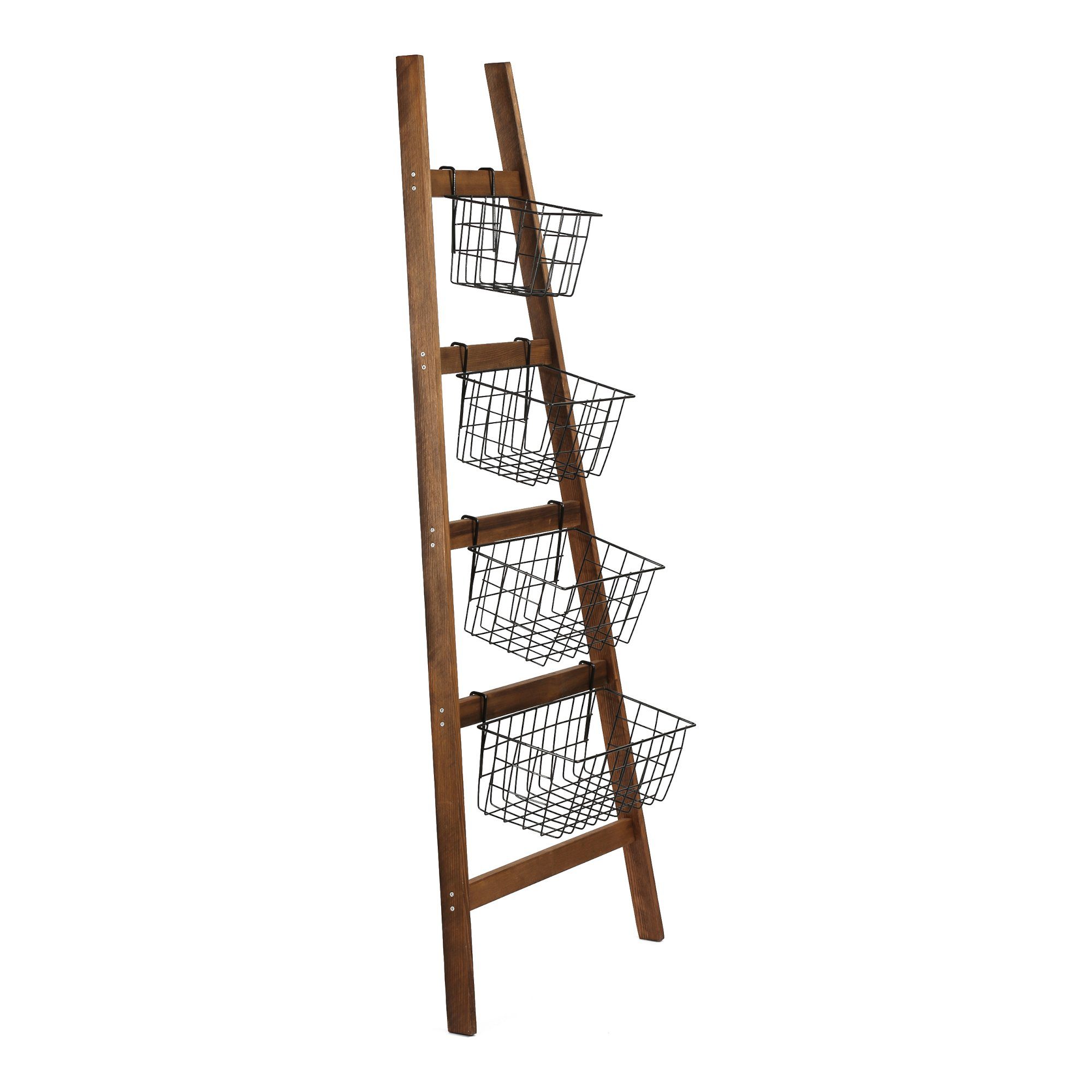 en.casa Leiterregal, Sejlflod Aufbewahrungsregal, 4 Metallkörbe, Holzoptik/Schwarz