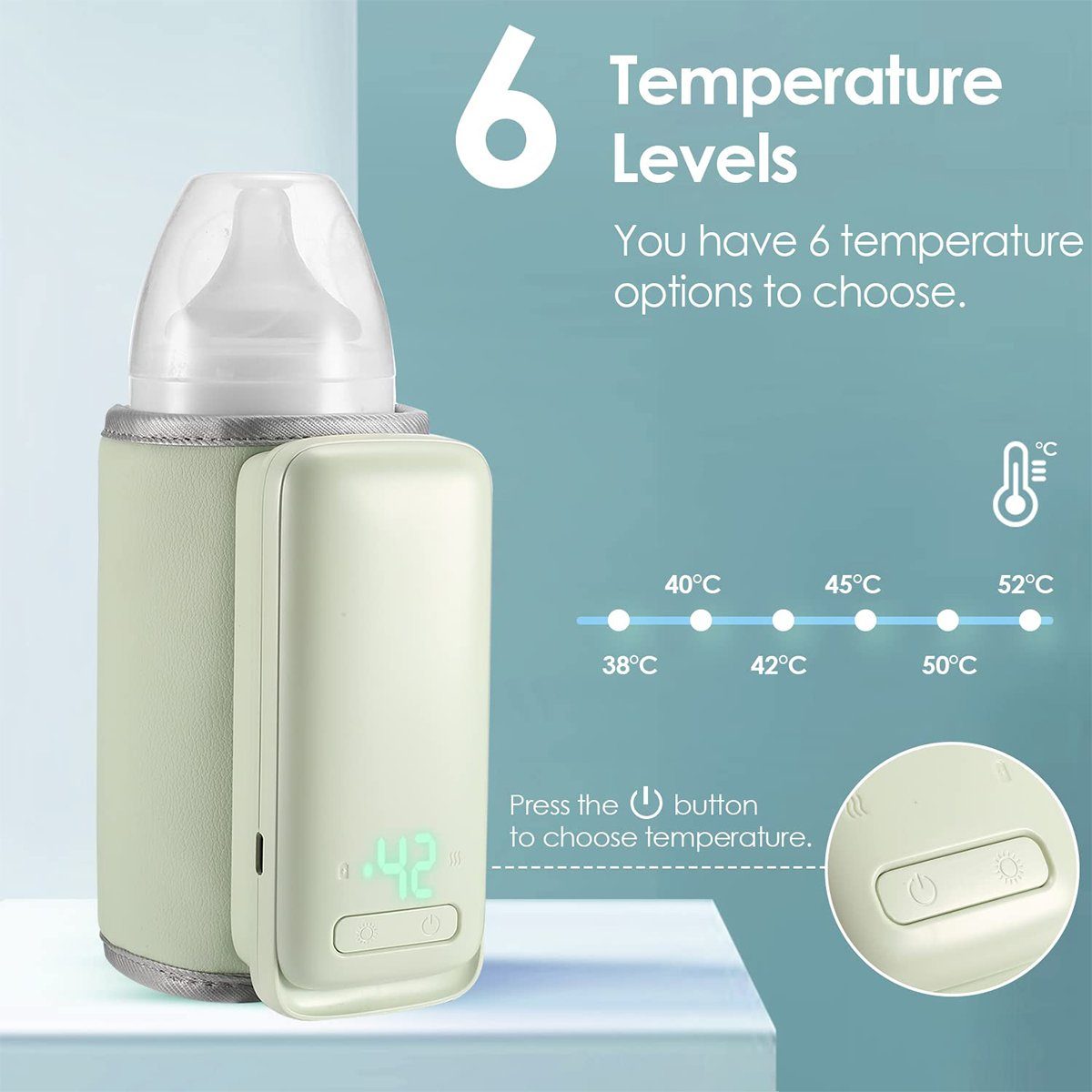 autolock Babyflaschenwärmer Flaschenwärmer Babykostwärmer mit temperaturanzeige Tragbarer, Babyflaschenwärmer Unterwegs für Muttermilch oder Milchnahrung Grün