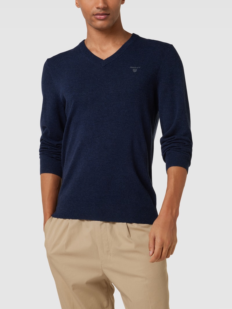 Strickpullover mit Label-Stitching in marineblau meliert