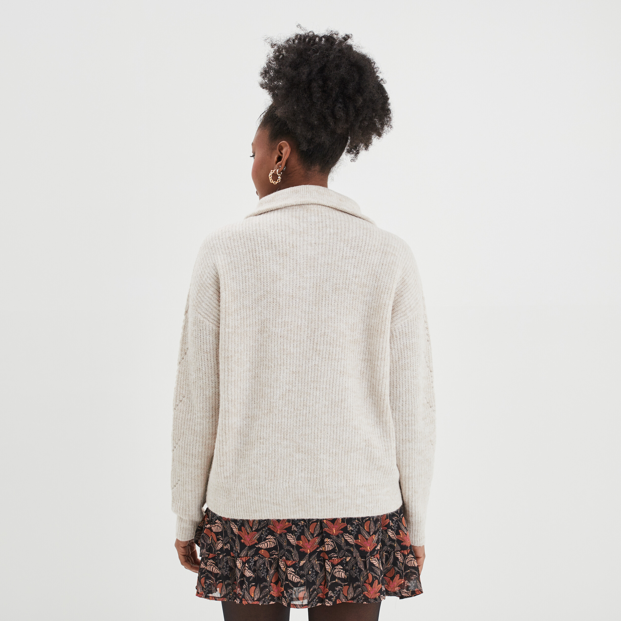 Pull col camionneur manches ajourées beige femme | La Halle
