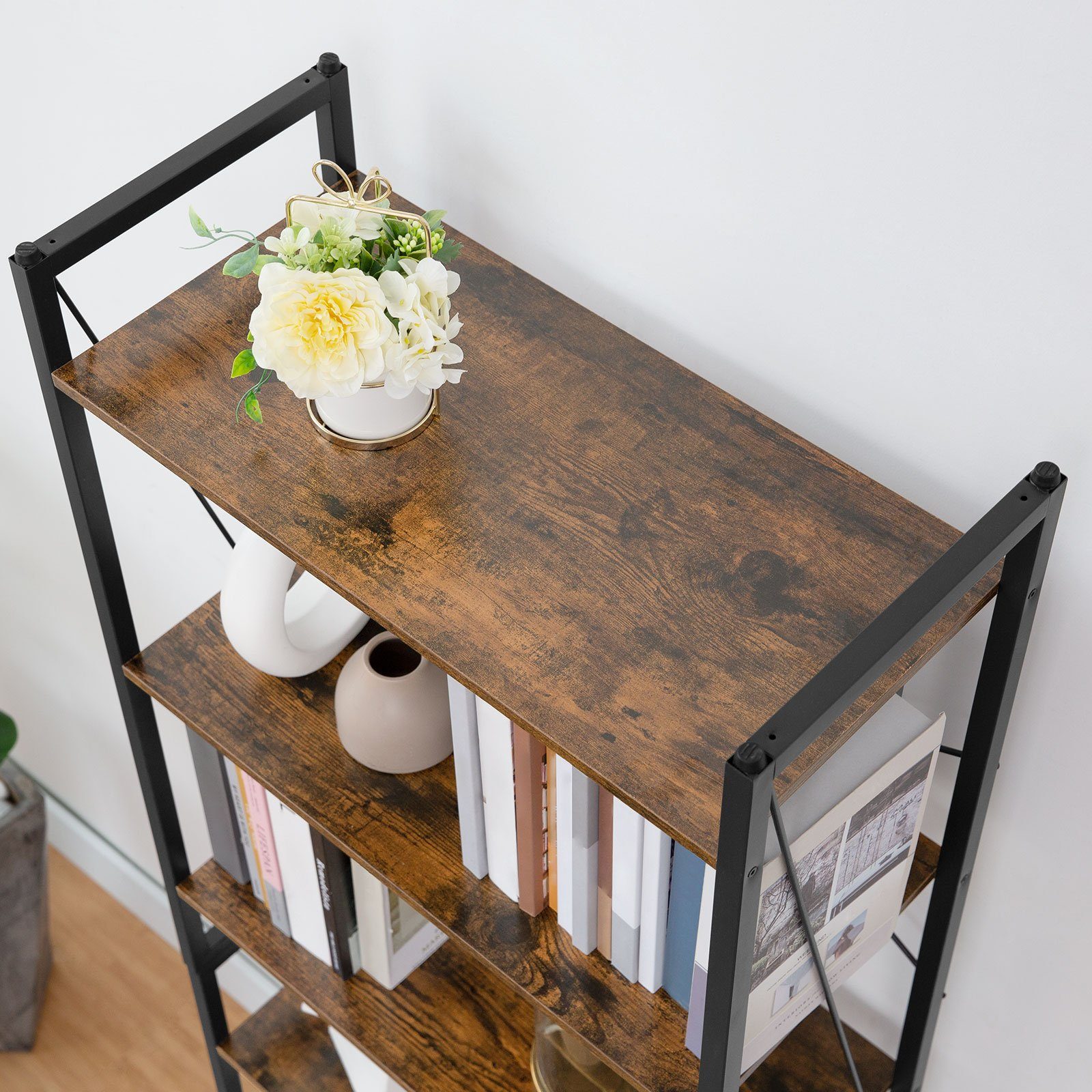 BERLINLODGE® Bücherregal Manhattan 6 Ebenen, Leiterregal Standregal vintage-braun industry-style, für Wohnzimmer, Büro, Schlafzimmer, Küche