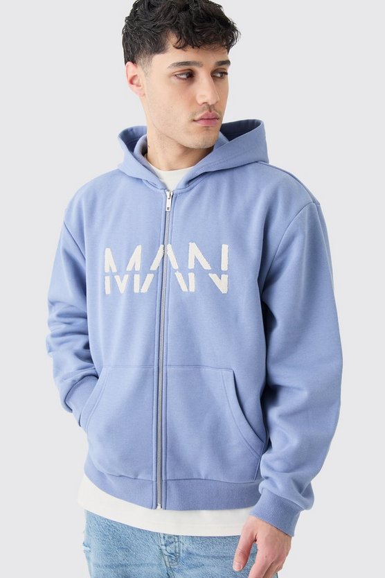 Kastiger Oversize Man-Dash Hoodie mit Borg-Applikation und Reißverschluss