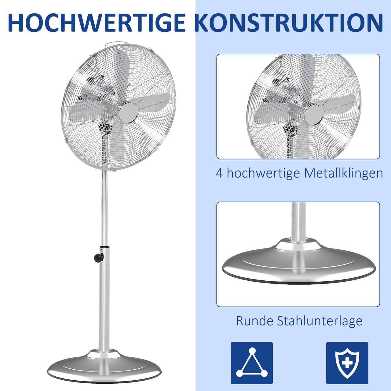 HOMCOM 120 cm Standventilator, Ventilator, Höhenverstellbarer Lüfter, 3 Geschwindigkeitsstufen, Verstellbarer Neigungswinkel, Stahl, Silber