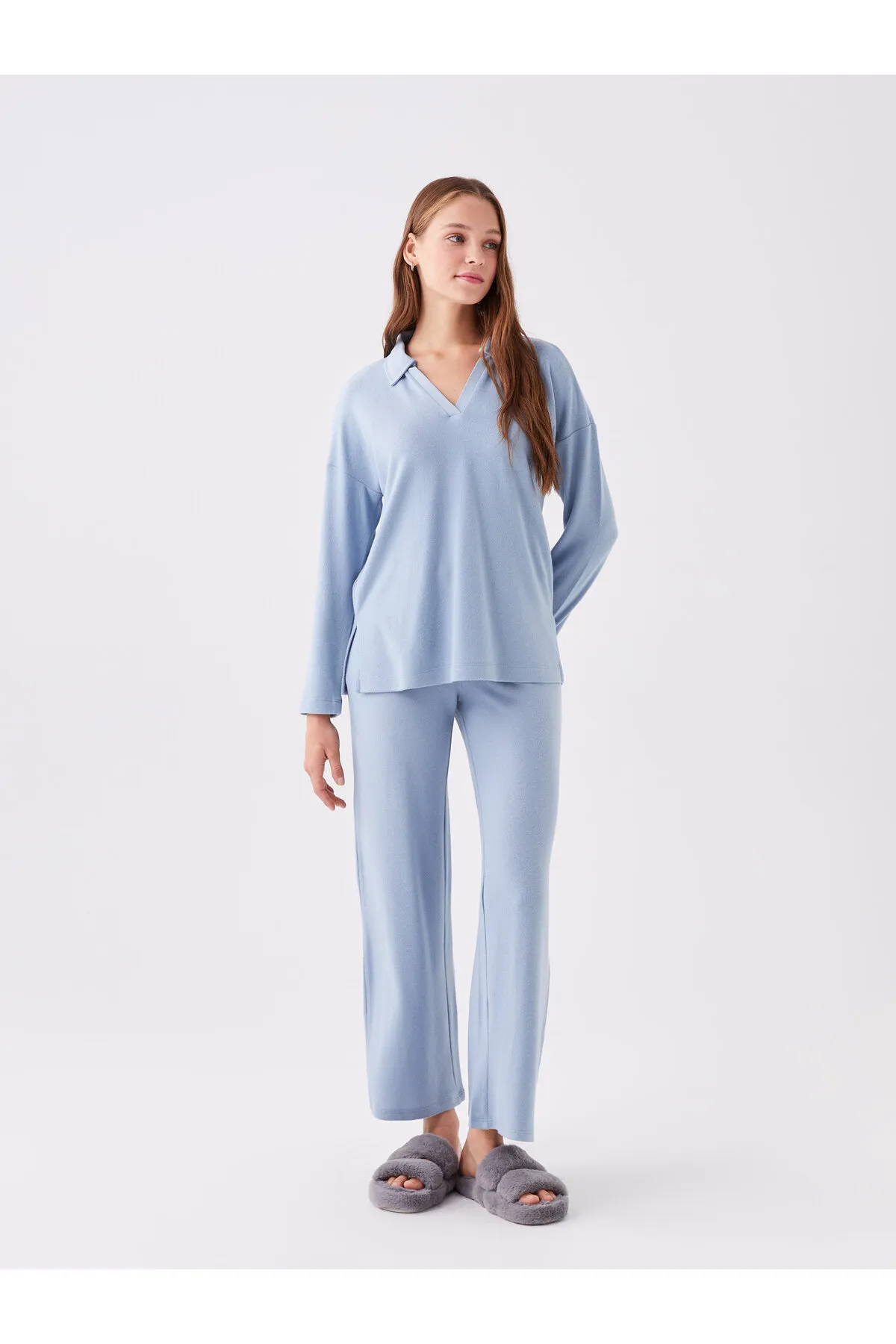 LC Waikiki  Einfarbiges, langärmliges Damen-Pyjama-Set mit Polo-Ausschnitt