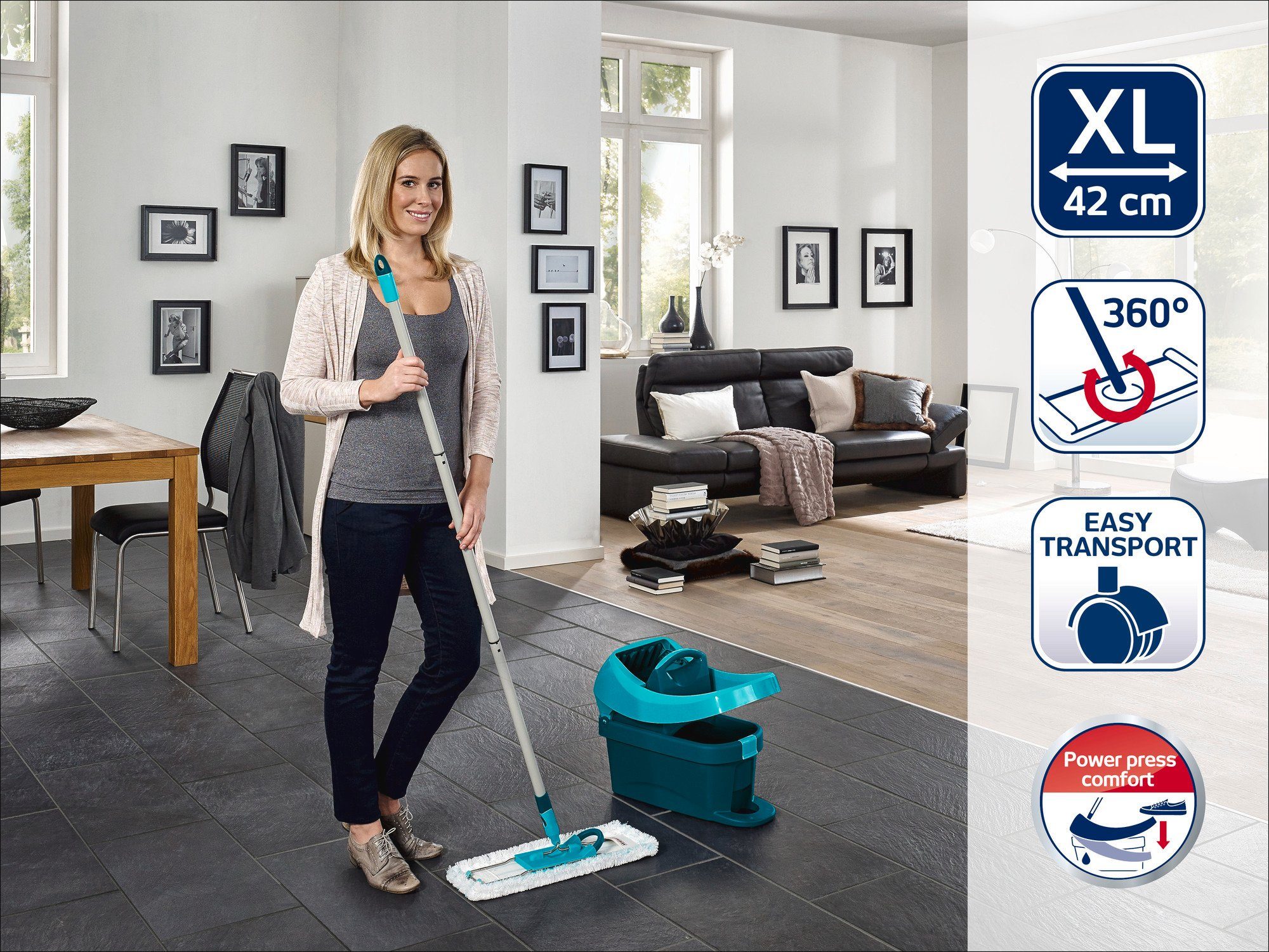 Leifheit Wischtuchpresse Set Wischtuchpresse Profi XL mit Rollen, Bodenwischer mit micro duo