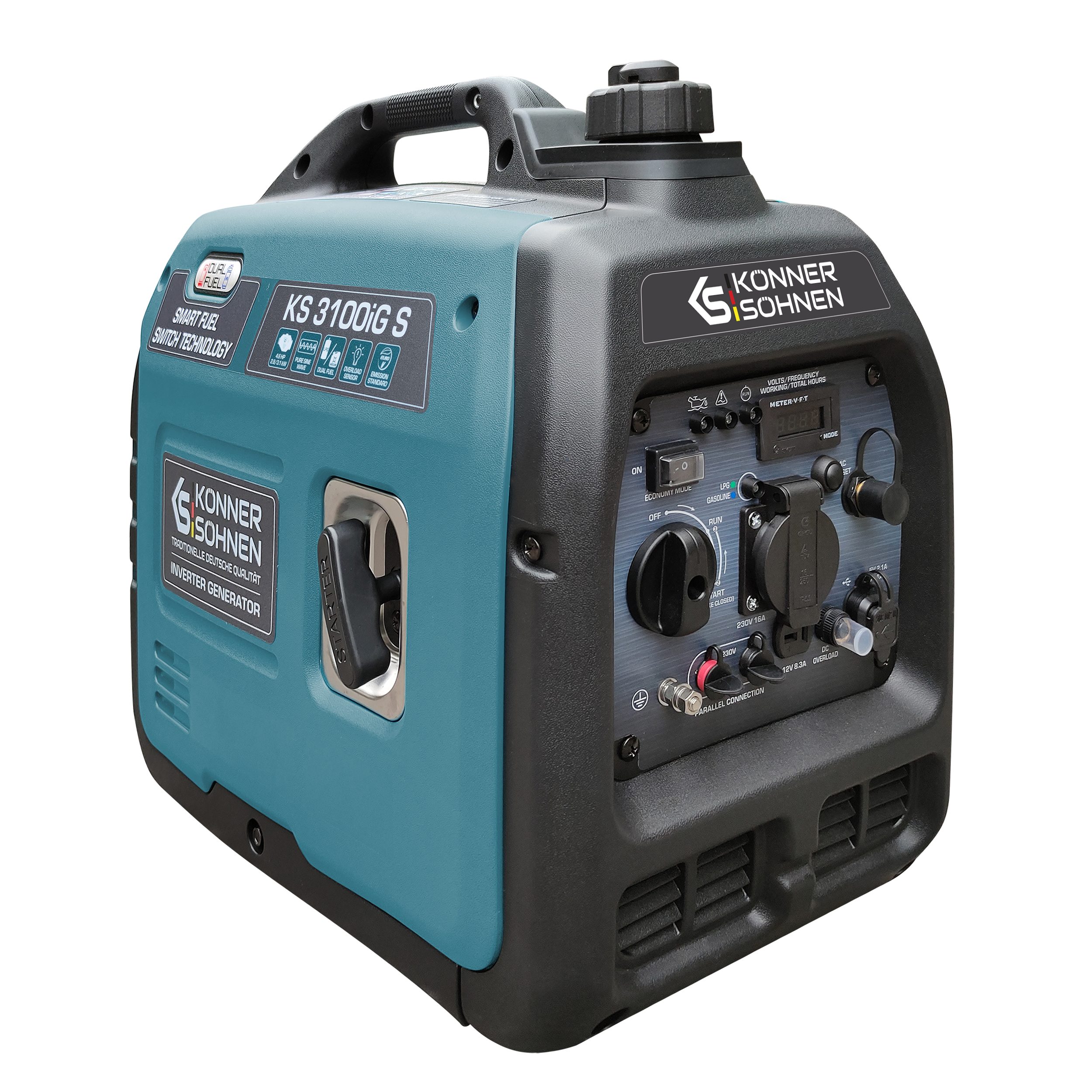 Könner & Söhnen Stromerzeuger KS 3100iG S, 3,10 in kW, (Schallgedämmtes Gehäuse (63 dB Lpa 7 m), 1-tlg., Schuko-Steckdose 230 V, 2 USB-Anschlüsse, LED-Anzeige), Kupferwicklungen, Kurzschluss- und Überlastschutz, Abgasnorm EURO V