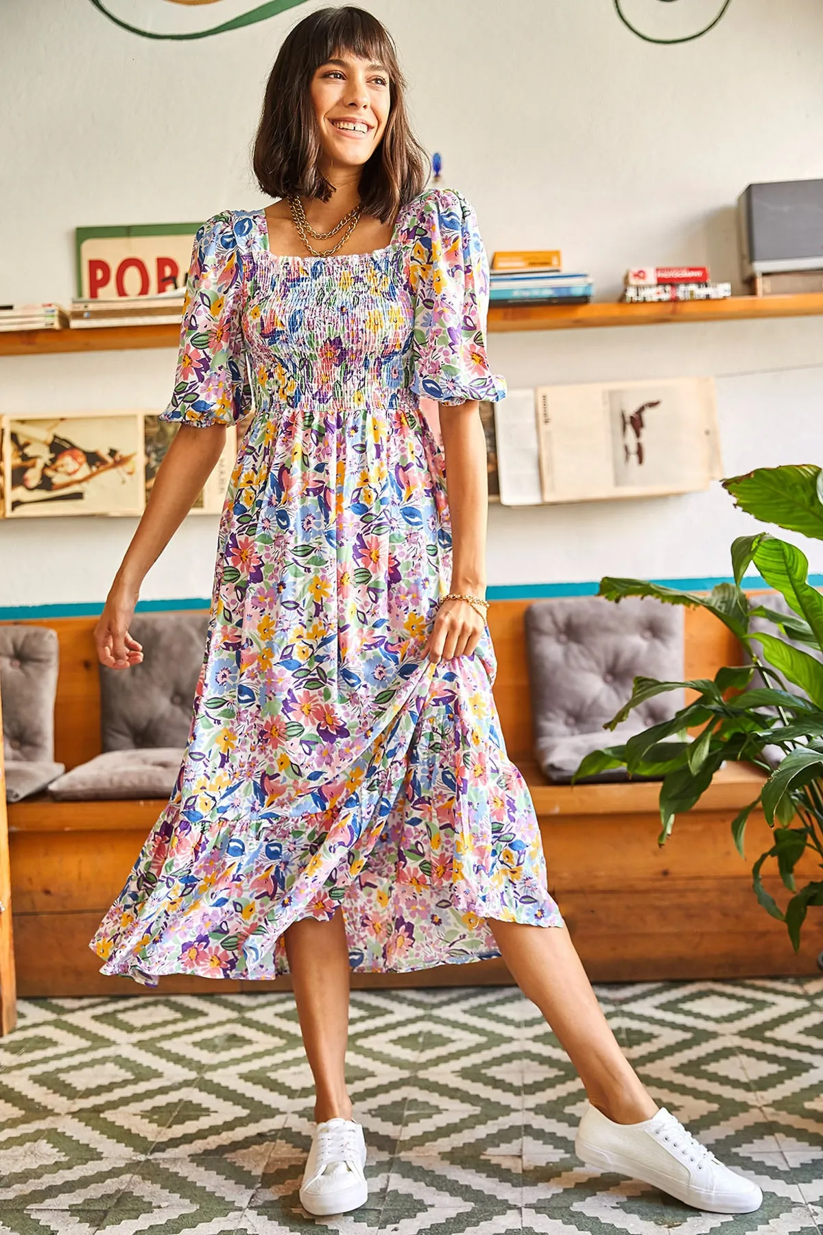 Olalook  Mehrfarbiges Gimped Casual-Kleid aus gewebter Viskose für Damen ELB-19001483