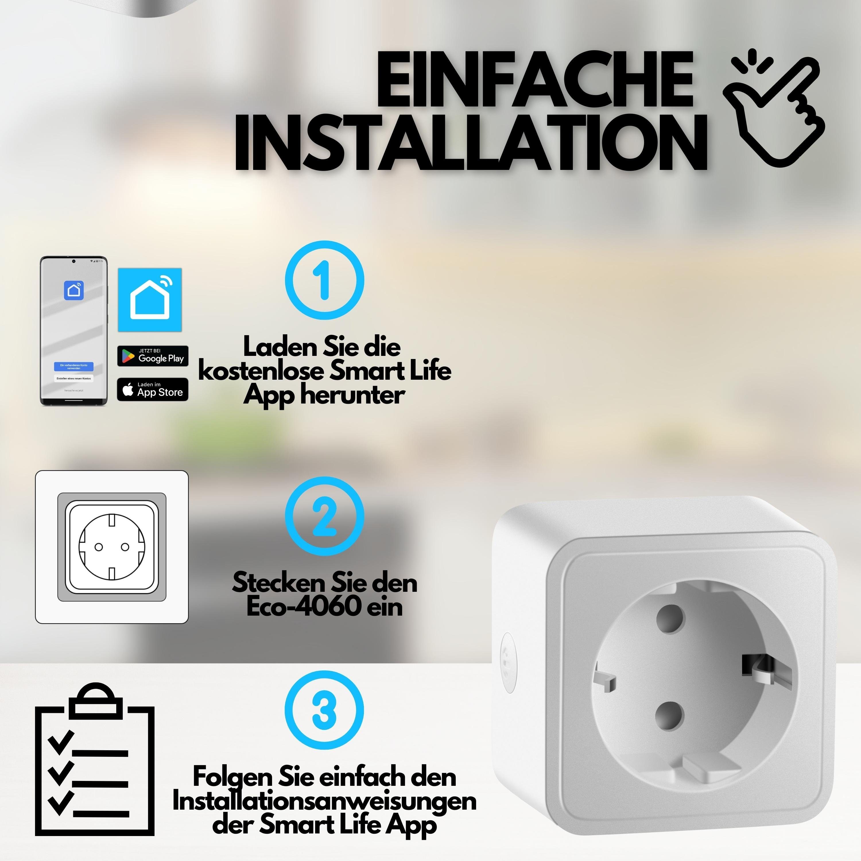 echos WLAN-Steckdose Eco-4060, max. 3680 W, Spar-Set, 4er Pack, Steuerung per App, Alexa/ Google kompatibel, WLAN, 2.4 GHz, Smart Home, Einfache Installation, Kindersicherung, Max. 16A