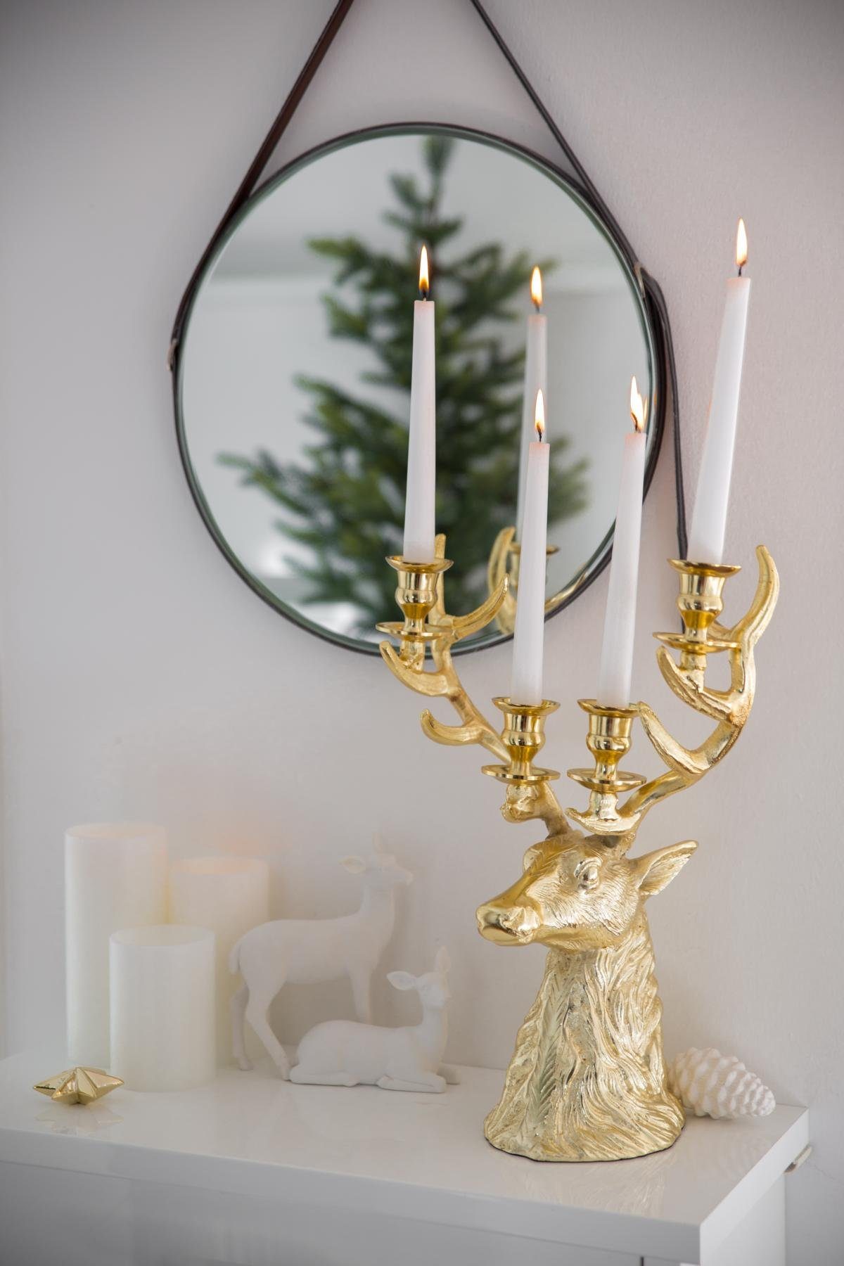 EDZARD Kerzenleuchter Richard, Kerzenständer mit Gold-Optik im Hirsch-Design, Kerzenhalter 4-Flammig für Stabkerzen, Höhe 43 cm