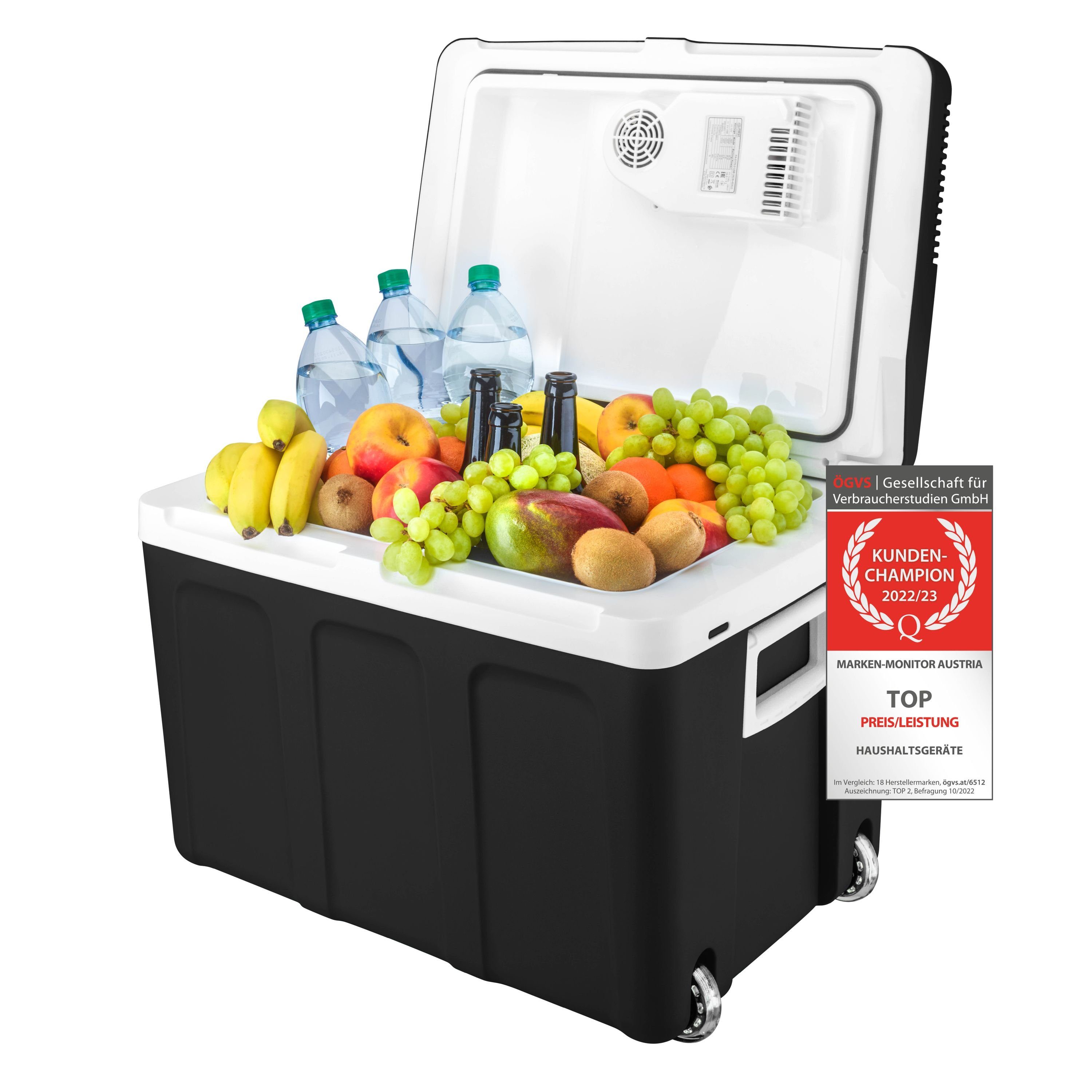 TZS FIRST AUSTRIA Elektrische Kühlbox elektrische Kühlbox, 45L, 12V /230V Anschluss, 12-V-Stecker fürs Auto, für Camping, Festivals, Reisen, mit Kühl- und Warmhaltefunktion