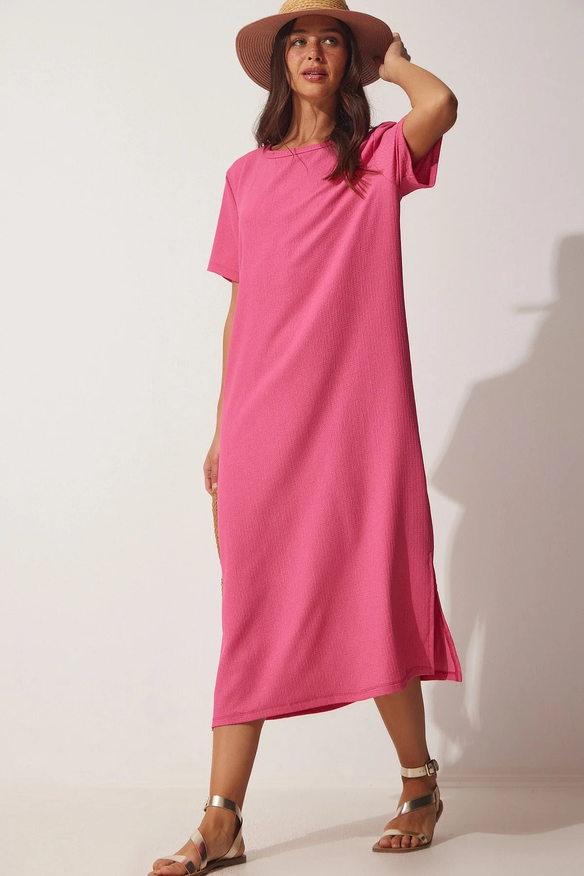 Happiness İstanbul  Rosafarbenes, lockeres, langes, tägliches Sommer-Strickkleid für Damen DZ00076