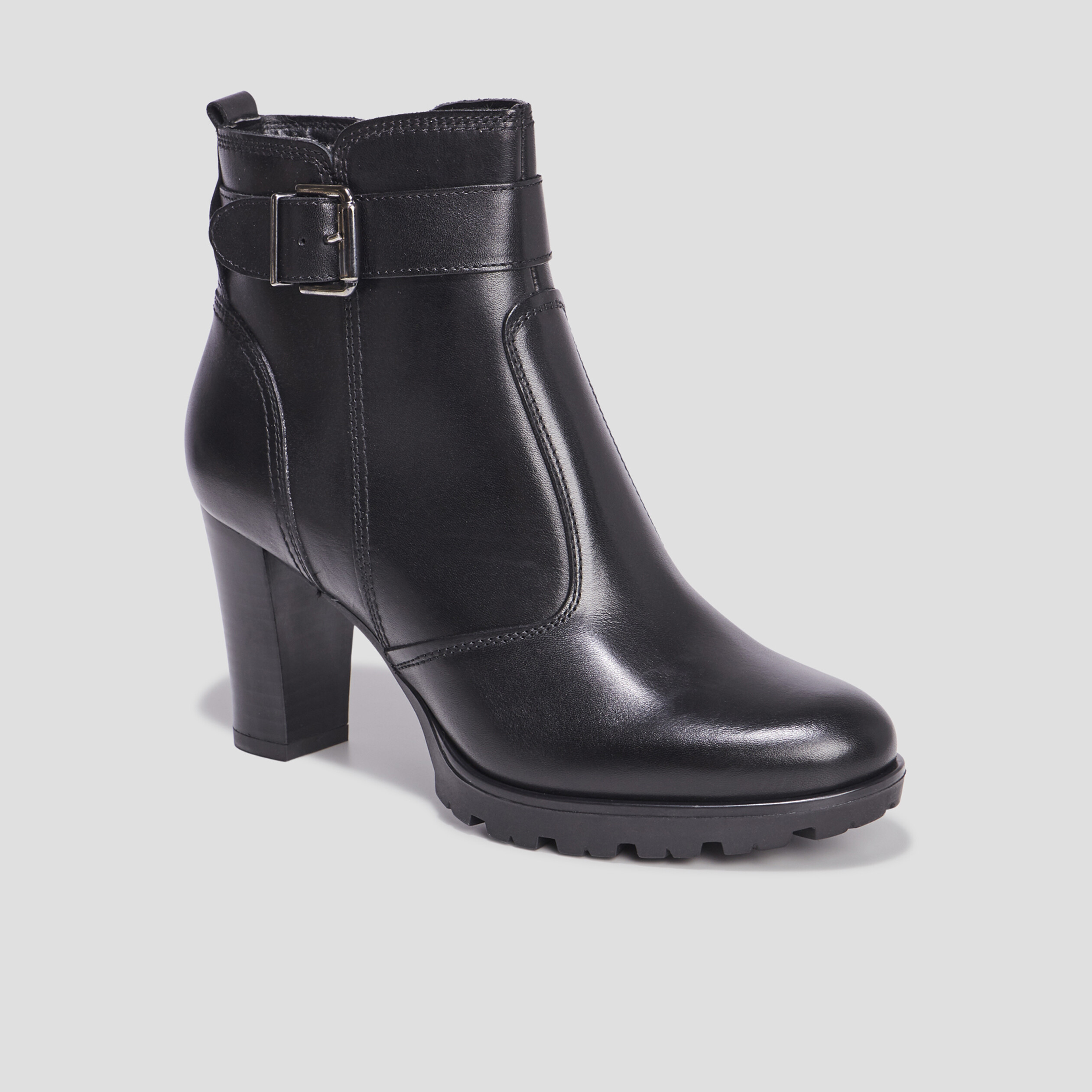 Bottines à talons avec boucles en cuir noir femme | La Halle