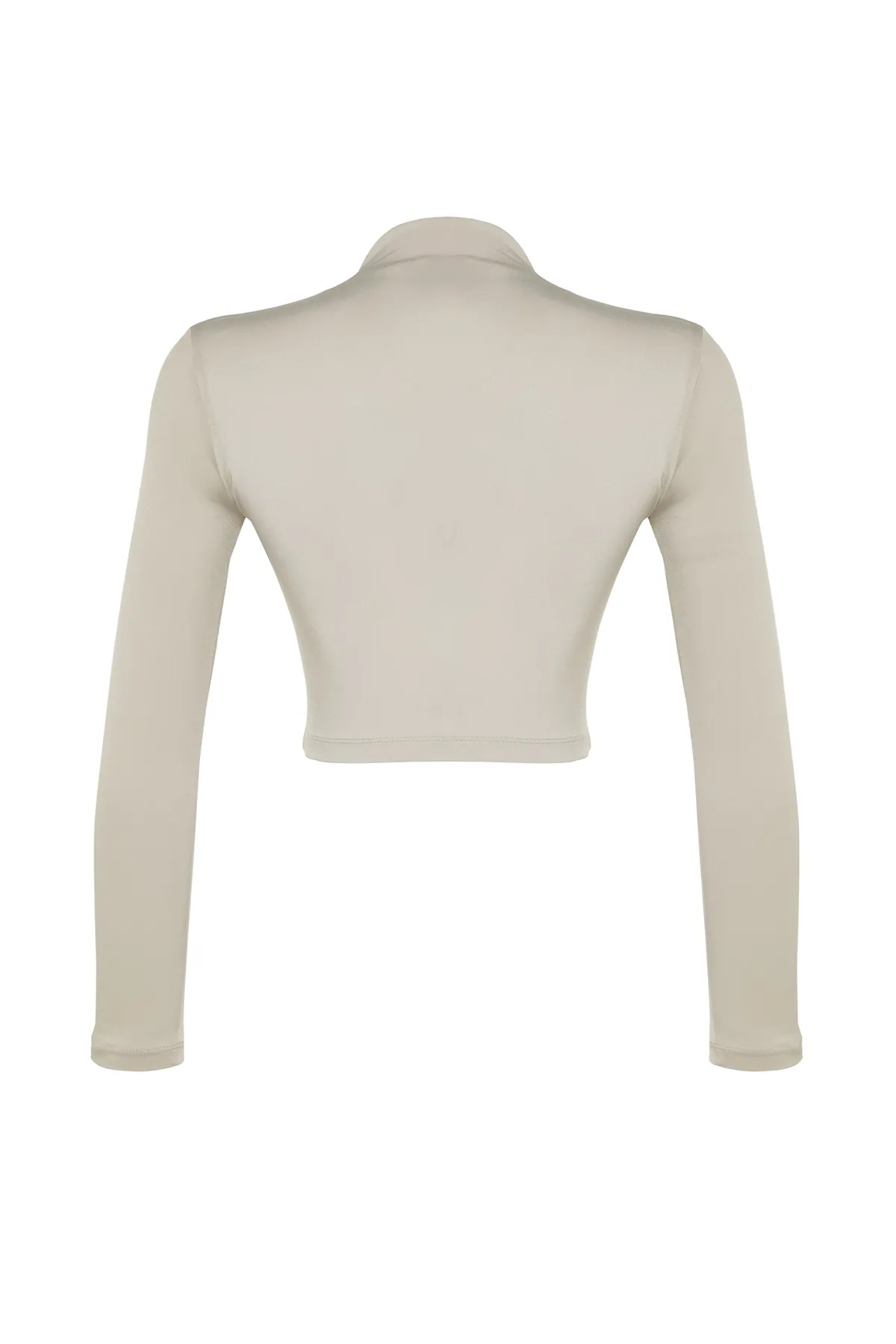 Trendyol Collection  Drapierte Crop-Bluse mit hohem Kragen in Hellstein TWOAW24BZ00164