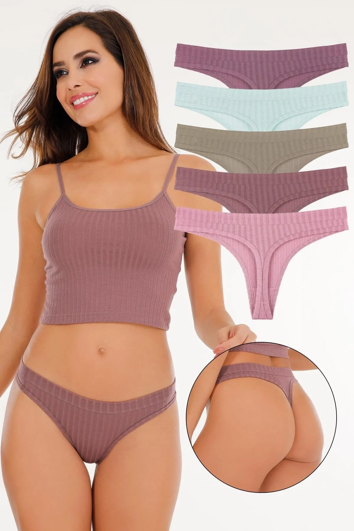 Sensu  5-teiliges Tanga-Höschen-Set für Damen mit Schnurbindung in sanften Farben – Kts3052
