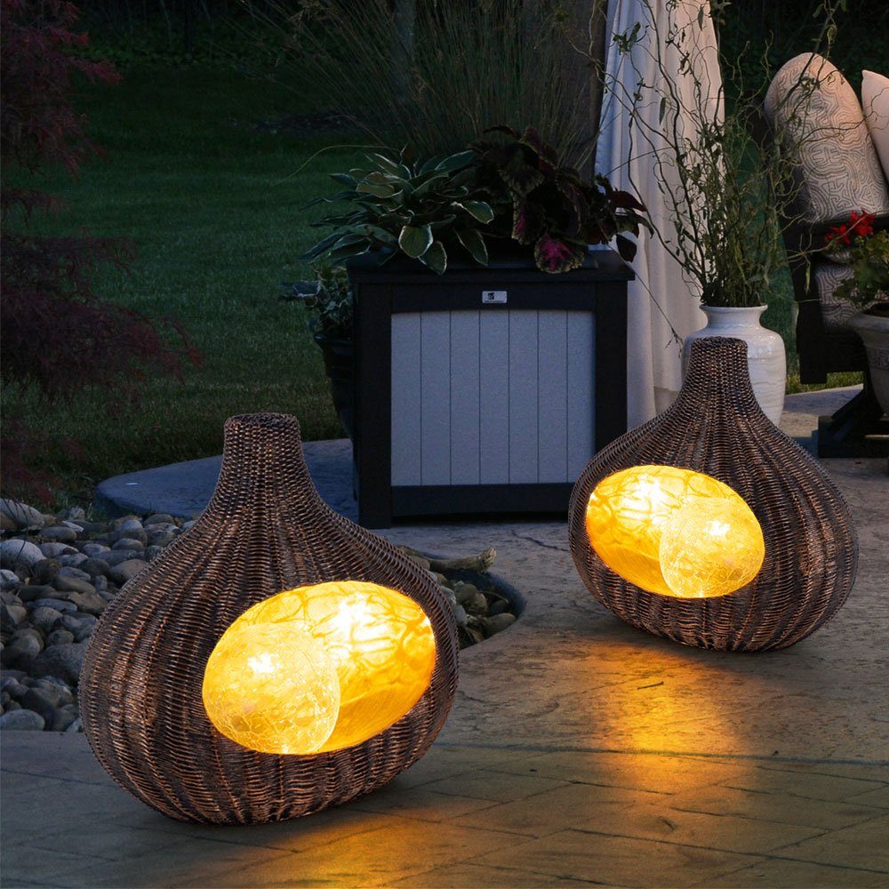 etc-shop Gartenleuchte, LED-Leuchtmittel fest verbaut, Warmweiß, Solarleuchte Rattan-Optik Solarleuchte Gartendeko für Außen Deko