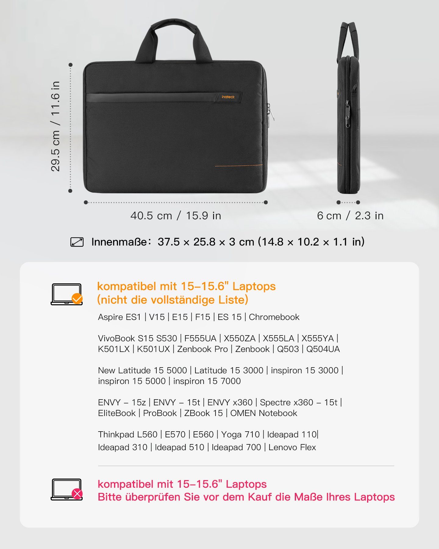 Inateck Laptoptasche 15,6 Zoll Laptop-Hülle 180° TSA Handtasche Umhängetasche