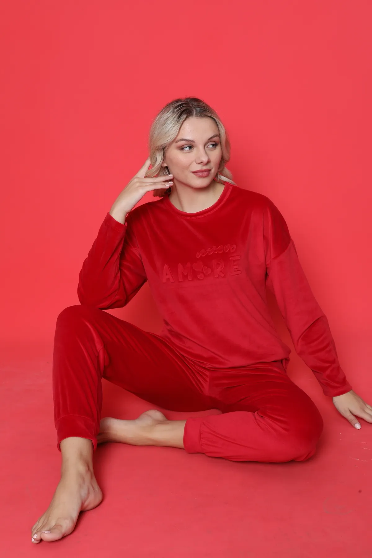 AHENGİM  Pyjama-Set für Jugendliche, französischer Samt, Amore, bedruckt, mit Spatenmanschette, Winter, saisonal, W20432250