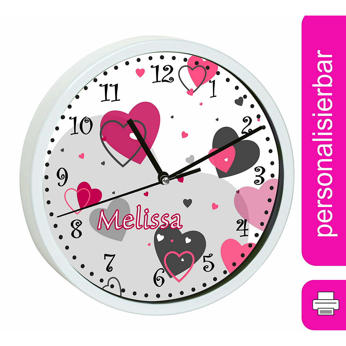 Kinder Wanduhr personalisiert mit Name Herz Rosa Grau