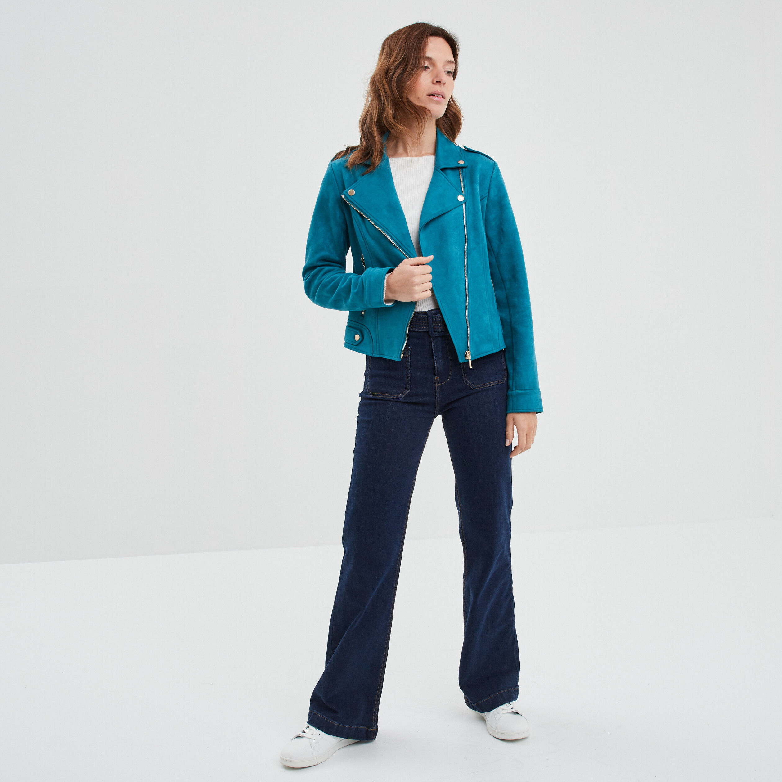 Veste esprit biker effet suédine bleu canard femme | La Halle