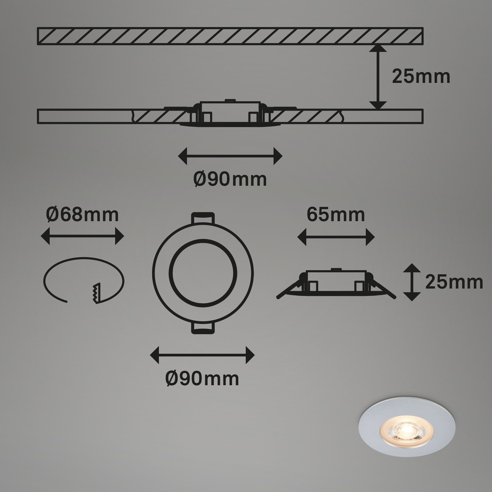 Briloner Leuchten LED Einbauleuchte 7044-034, LED fest verbaut, Warmweiß, 3er Set, ultraflach, IP65, Warmweiß 3000K, chrom-matt, 9 cm