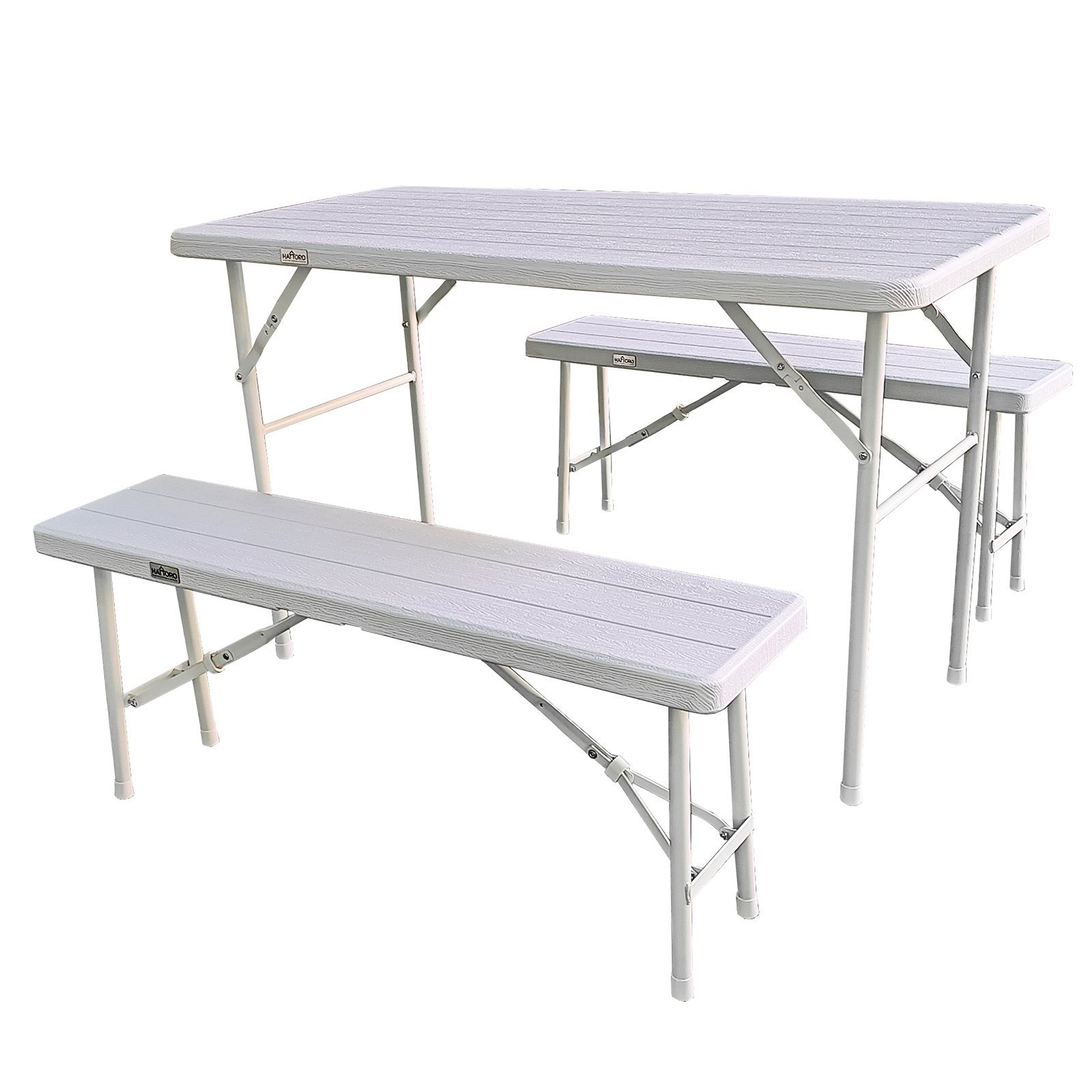 HATTORO Bierzeltgarnitur, (Set, 3-tlg., 1 Tisch mit 2 Bänken), Klappbar, Holzoptik, 120cm lang