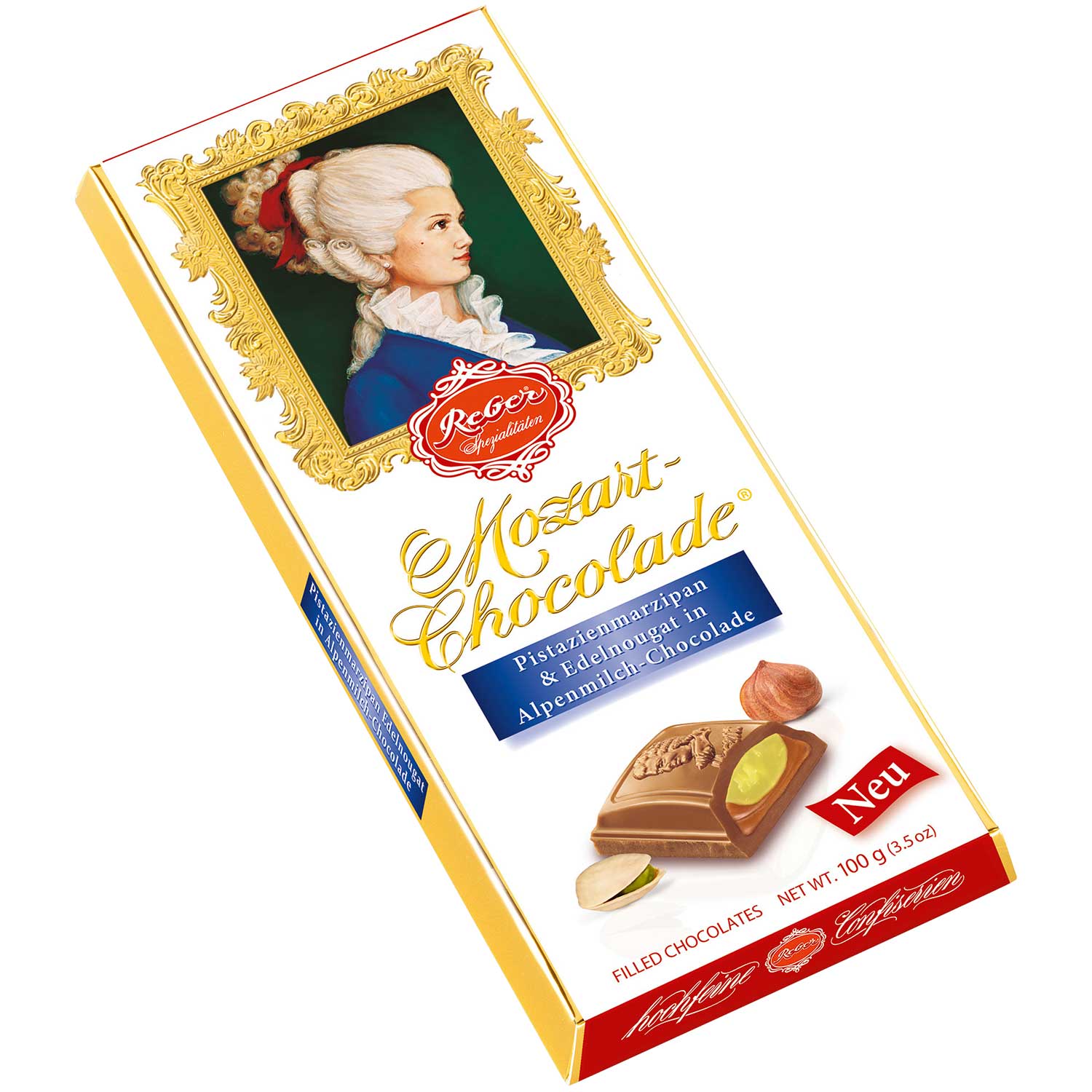 Reber Mozart-Chocolade Pistazienmarzipan & Edelnougat in Alpenmilch-Chocolade 100g