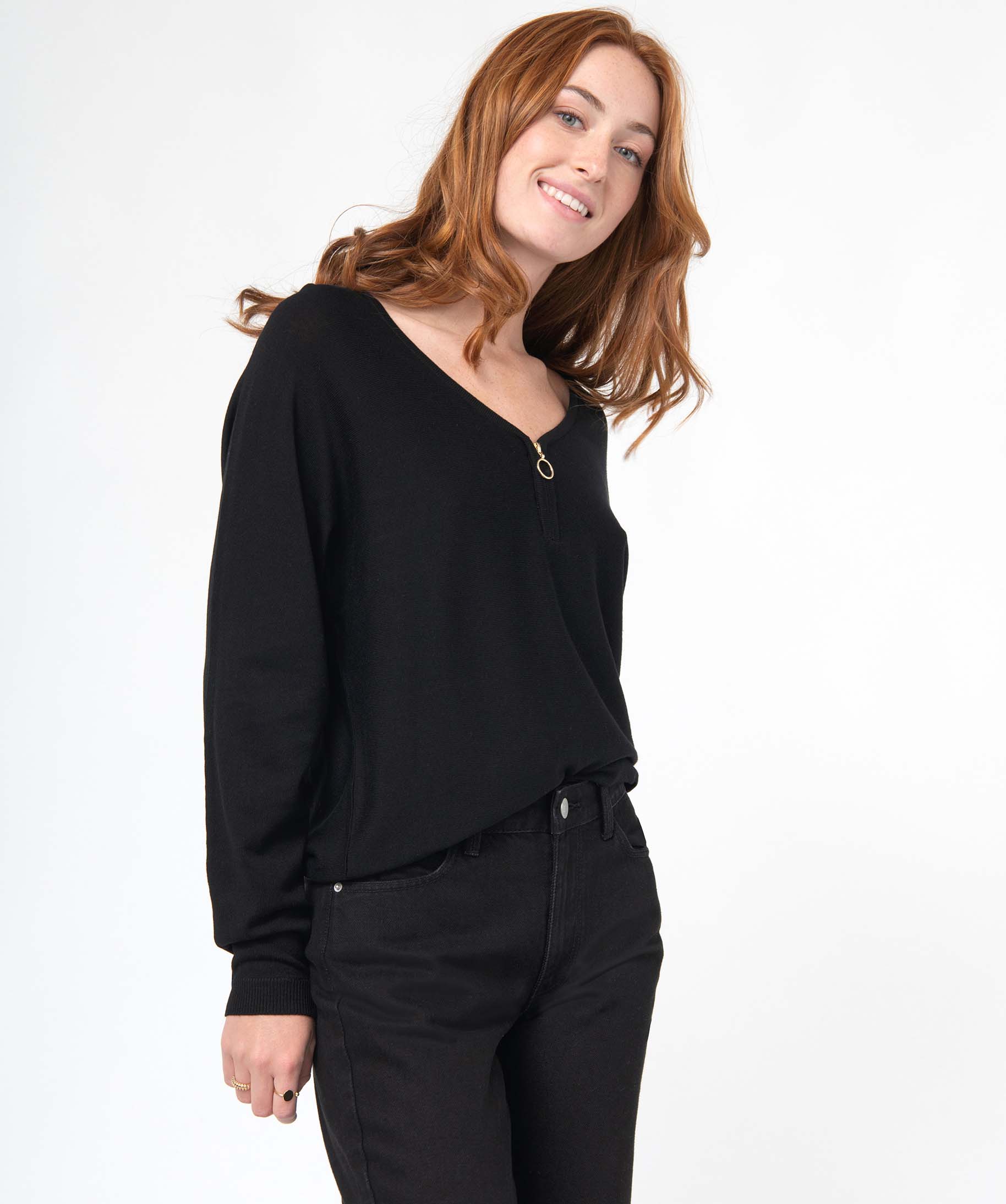 Pull col V zippé et manches chauve-souris femme noir | GEMO