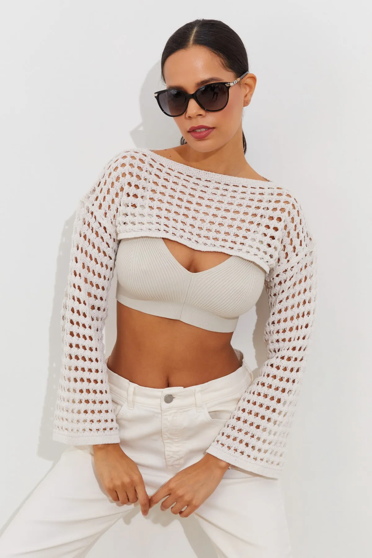 Cool & Sexy  Durchbrochener Bolero für Damen in Ecru YV115