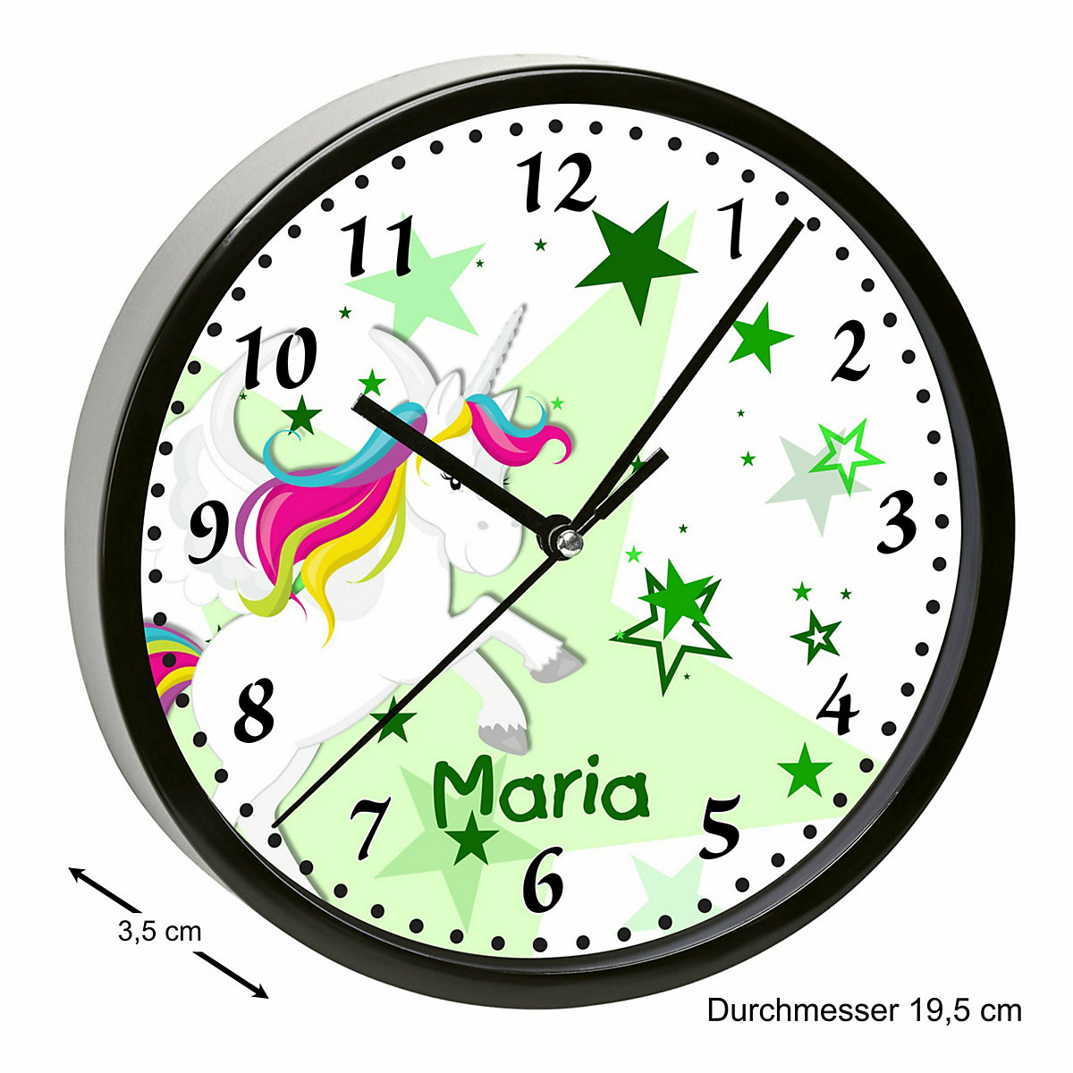 Kinder Wanduhr personalisiert mit Name Pegasus Sterne Grün