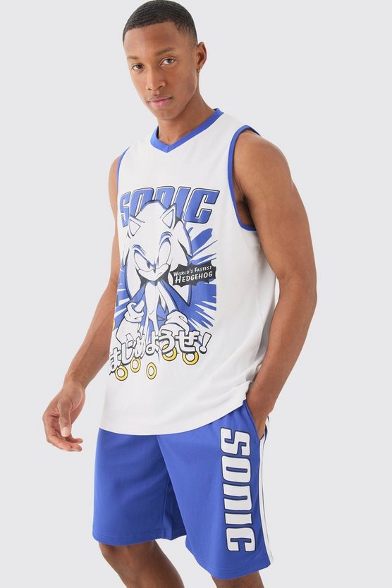 Oversize Mesh-Tanktop und Shorts mit lizenziertem Sonic The Hedgehog Print
