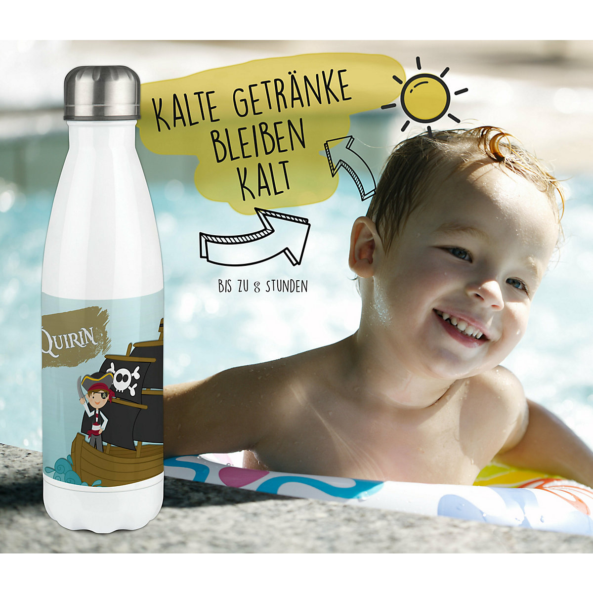 Edelstahl Kinder Thermoflasche / Trinkflasche bunt Pirat Spülmaschinenfest, Auslaufsicher, Bruchfest, Doppelwandig, Für Heißgetränke geeignet, Mit Deckel, Isoliert