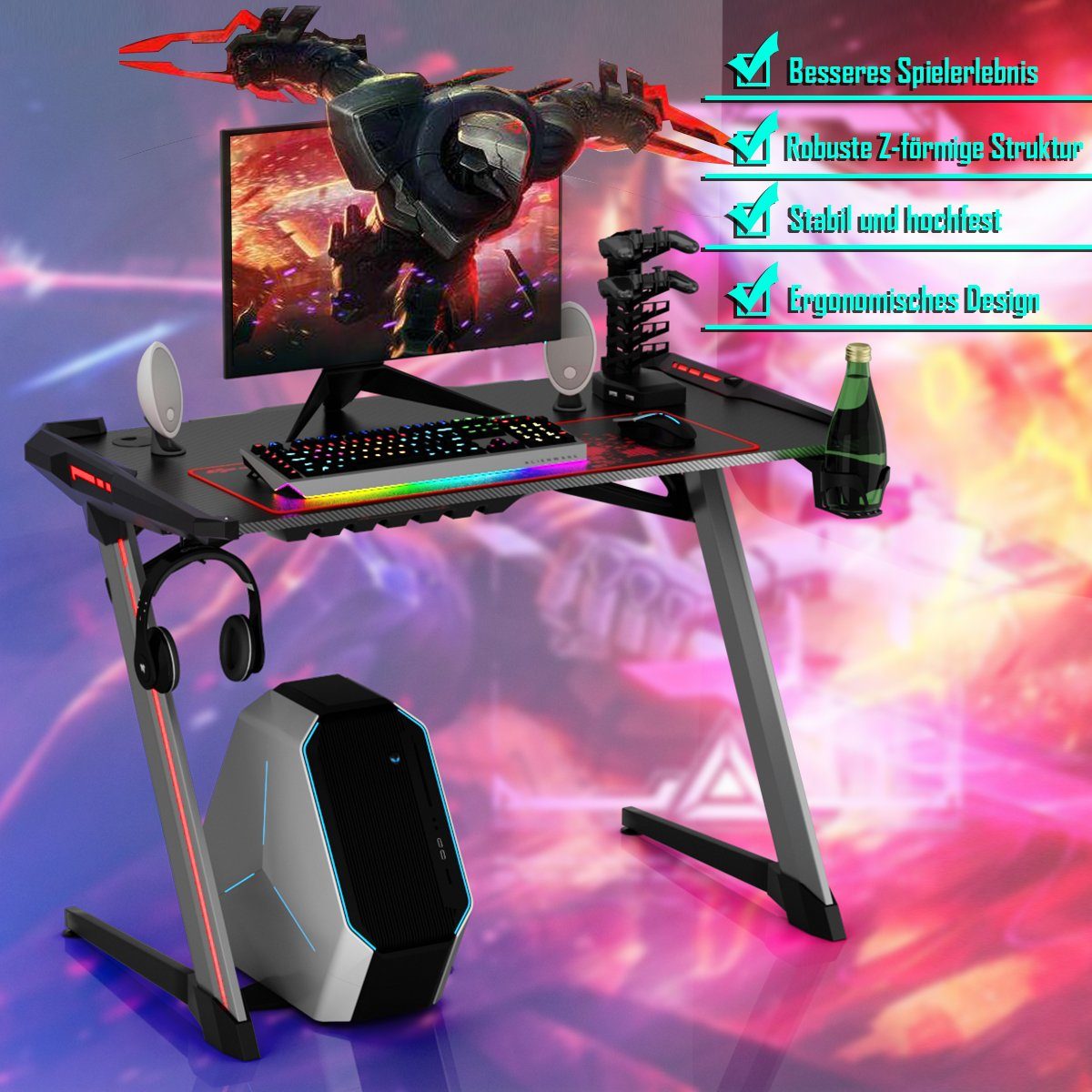 COSTWAY Gamingtisch, RGB-Led, Controller-Halterung mit 4 USB, Z-förmig 120cm