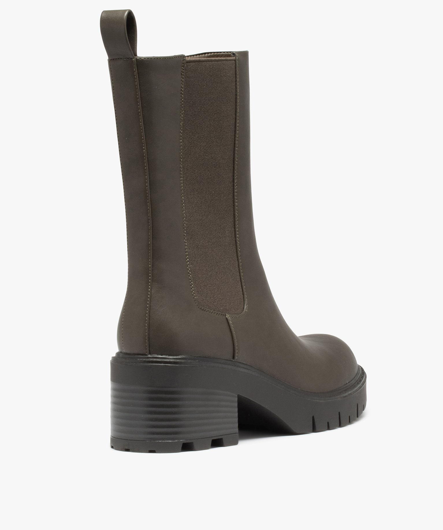 Boots femme unies à talon large et semelle crantée kaki | GEMO