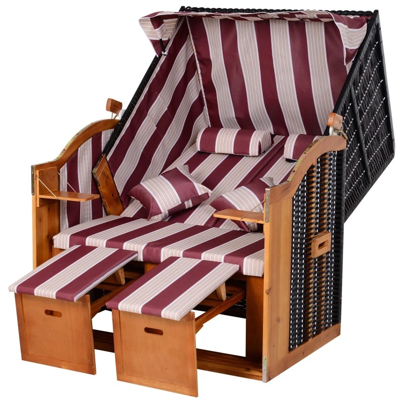 PureHaven Strandkorb 118x79x150 cm für 2 Personen inkl. Rücken- und Sitzkissen verstellbare Rückenlehne Klapptische und Fußstützen rose