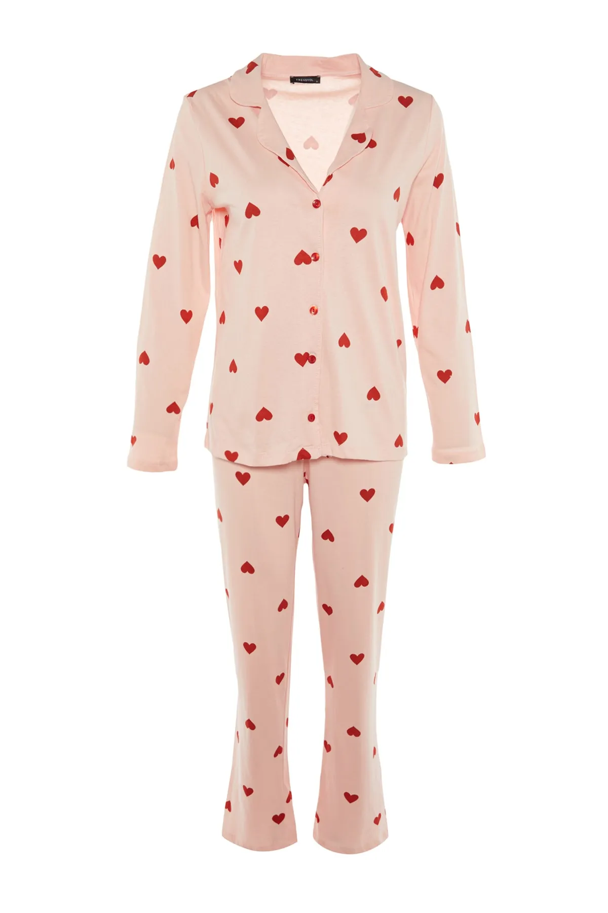 Trendyol Collection  Rosa gestricktes Pyjama-Set aus Hemd und Hose aus 100 % Baumwolle mit Herzmuster THMAW21PT0548
