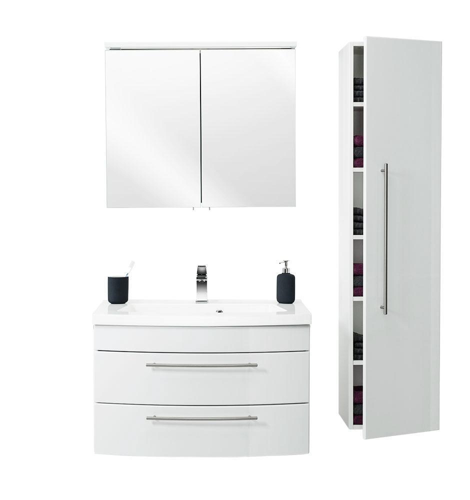 Posseik Badmöbelset Luna 80 mit runder Front Spiegelschrank LED Hochschrank weiss hg EEK: F